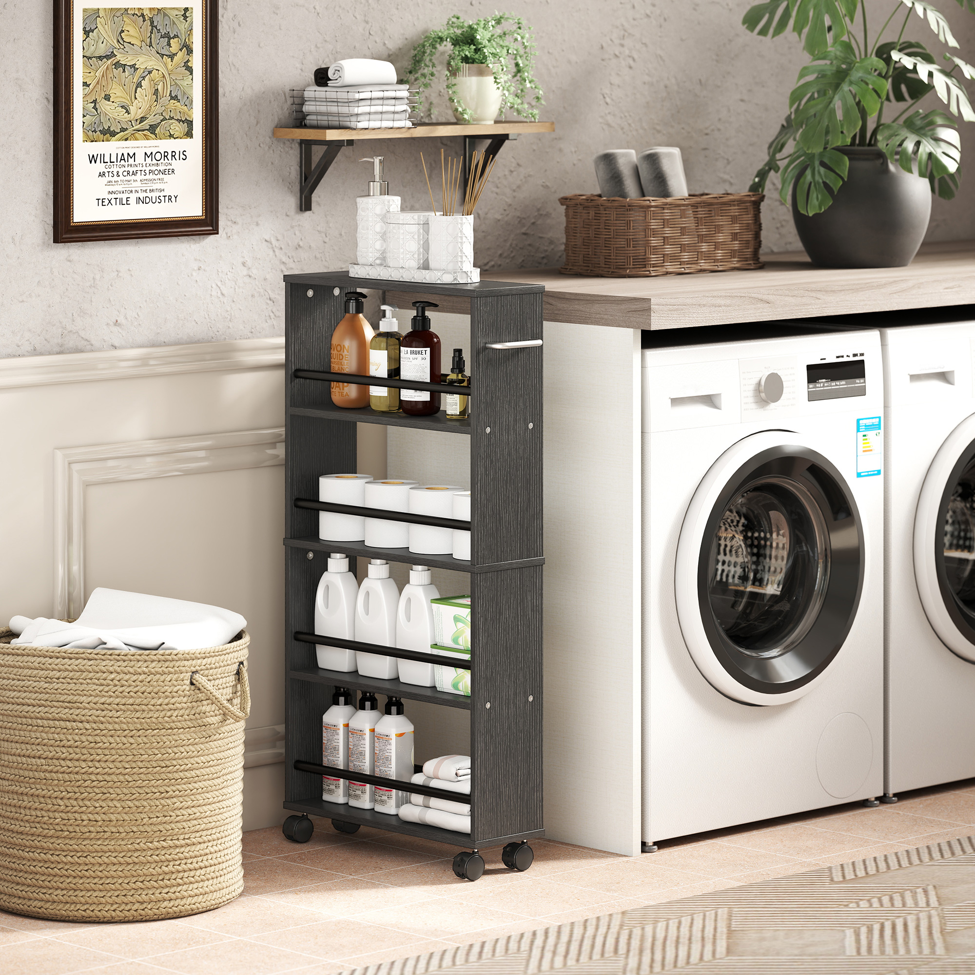 Multifunktionsregal mit Rollen, schmale Bauweise, 4 Fächer, 45x15x91 cm, Schwarz