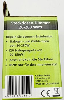 Steckdosen-Dimmer 20-280 Watt - IP20, 230V/50Hz