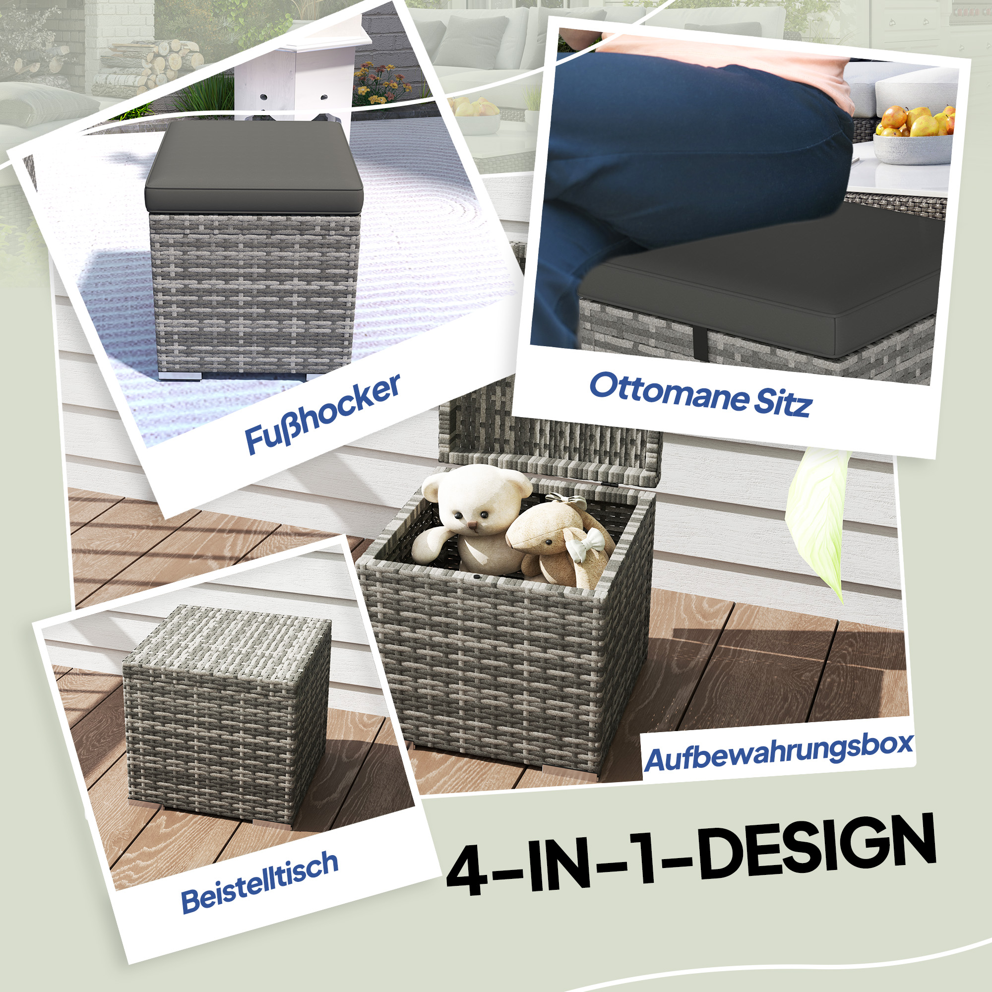 2er Set Rattan Hocker Sitzhocker mit Rattanoptik Stauraum Kissen Deckel 120 kg belastbar 40x40x41cm Dunkelgrau