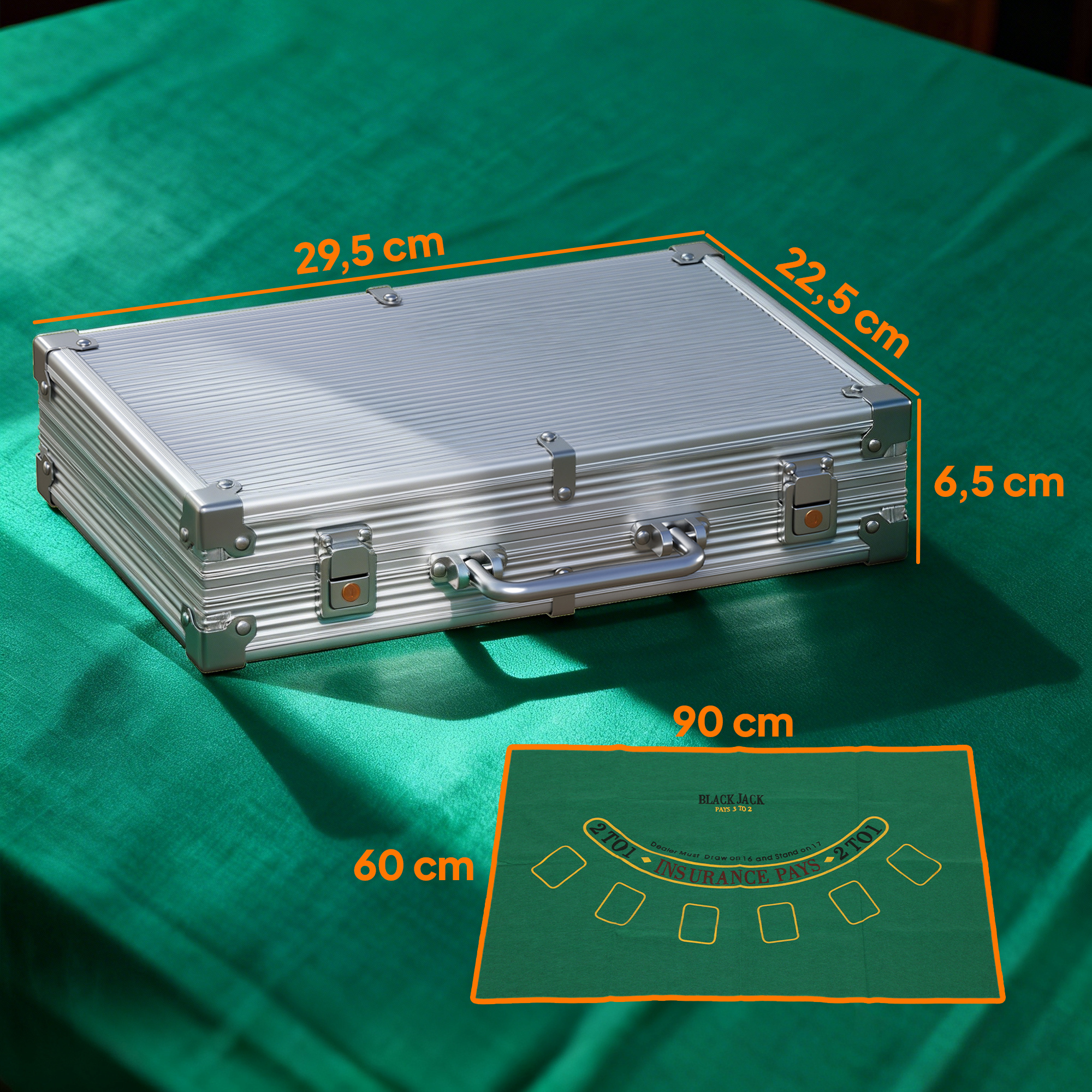 Pokerchips-Set in Koffer, mit Würfeln, Dealer-Button, 2 Kartendecks, Silberfarben