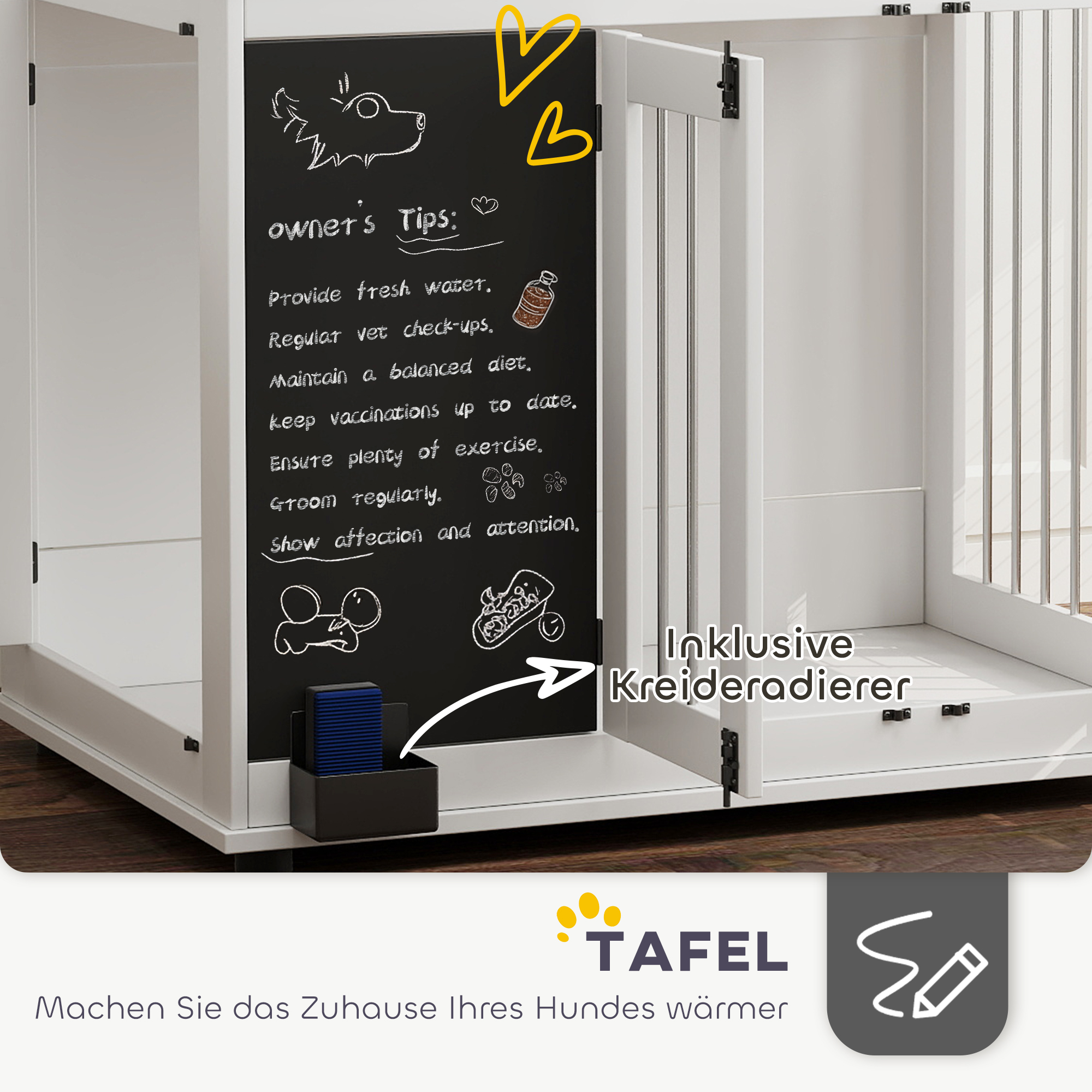 Hundebox mit Aufbewahrungsregal für Spielzeug, Haken für Leinen, Schreibtafel, Radiergummi, für große Hunde, Weiß