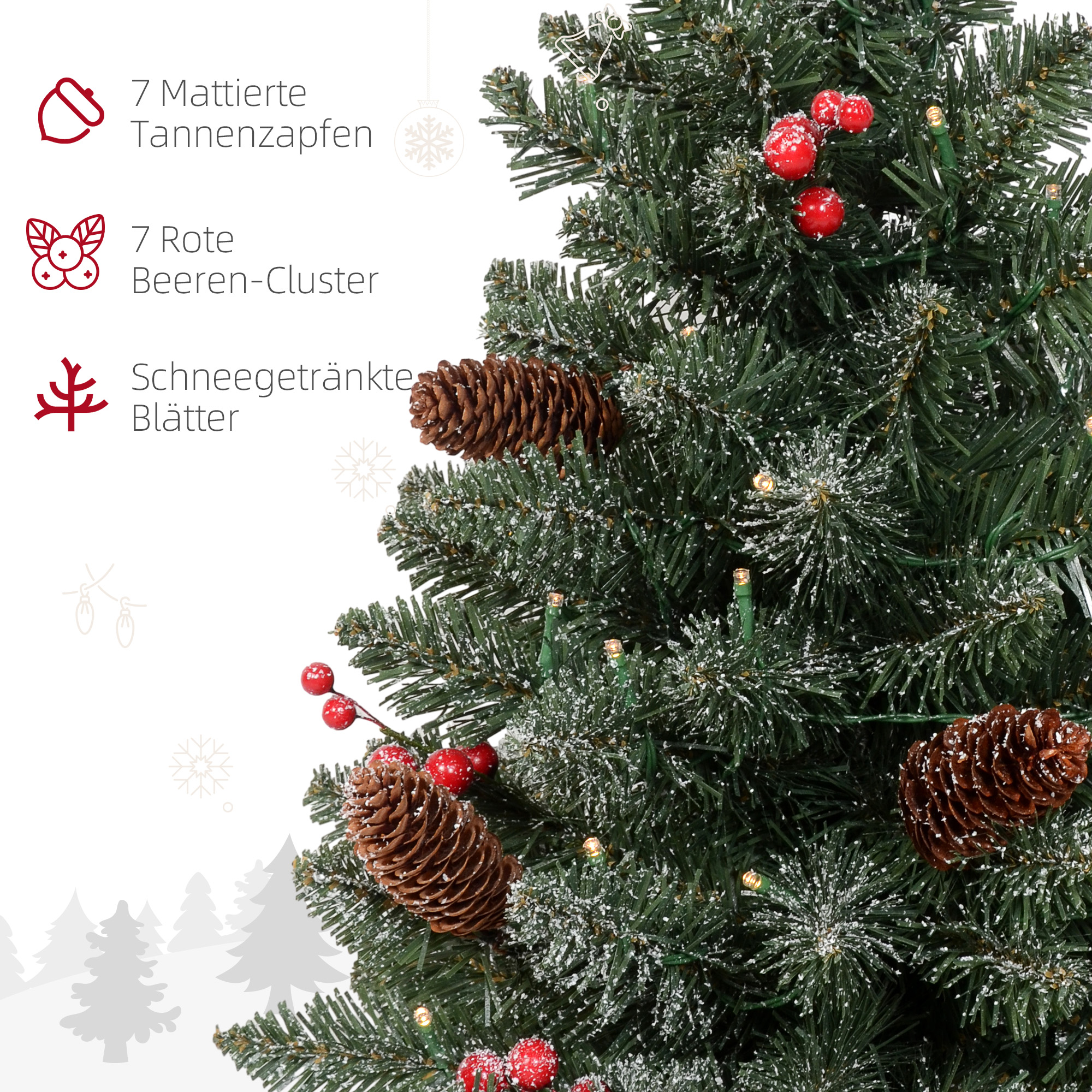 Weihnachtsbaum mit LED-Beleuchtung, 60 cm, Tannenzapfen und rote Beeren, inkl, Ständer, Grün/Weiß