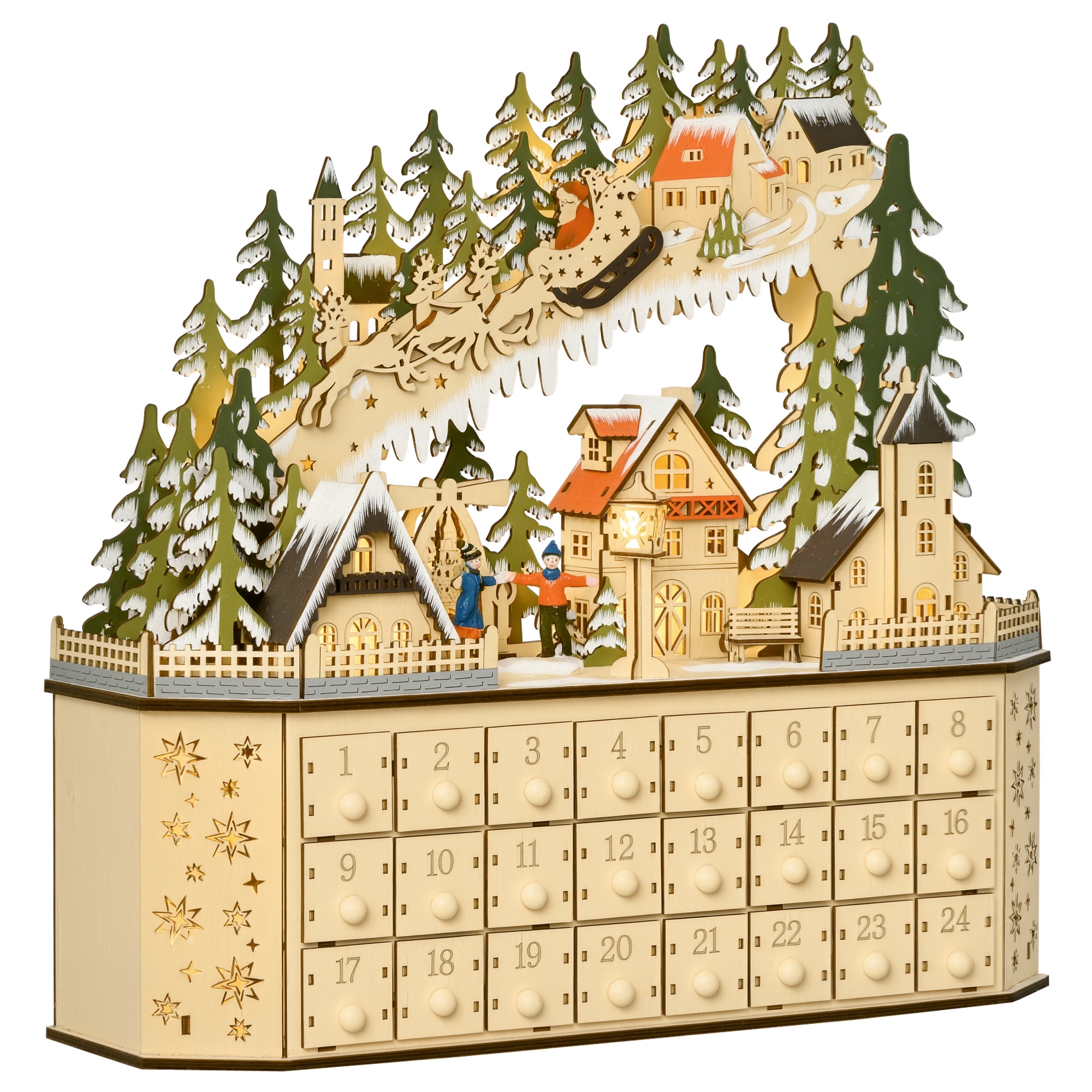 Adventskalender Weichnachtsdekoration Weihnachtsdeko, 24 Schubladen, LED-Lichter, 39 cm x 9 cm x 42 cm, Weiß + Grün
