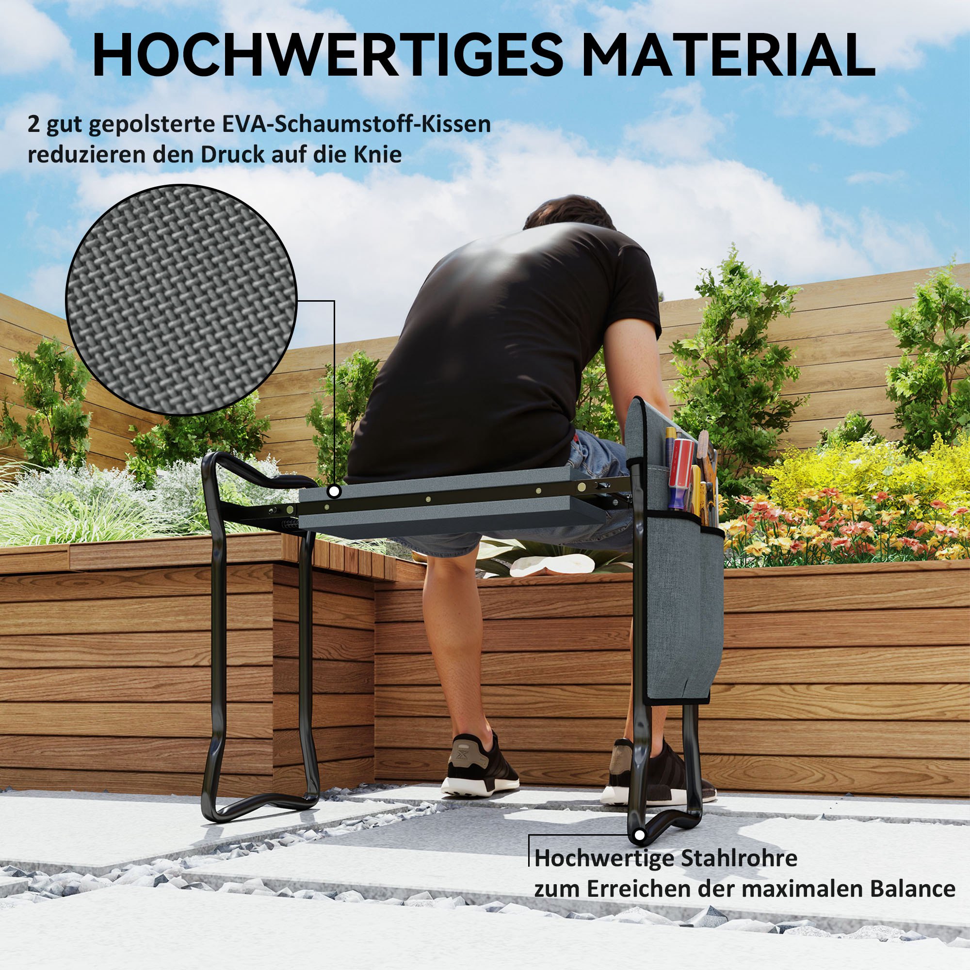 Kniebank für Gartenarbeit klappbar Gartenhocker mit Kniekissen Werkzeugtaschen bis 150 kg 58 x 28 x 49cm Grau