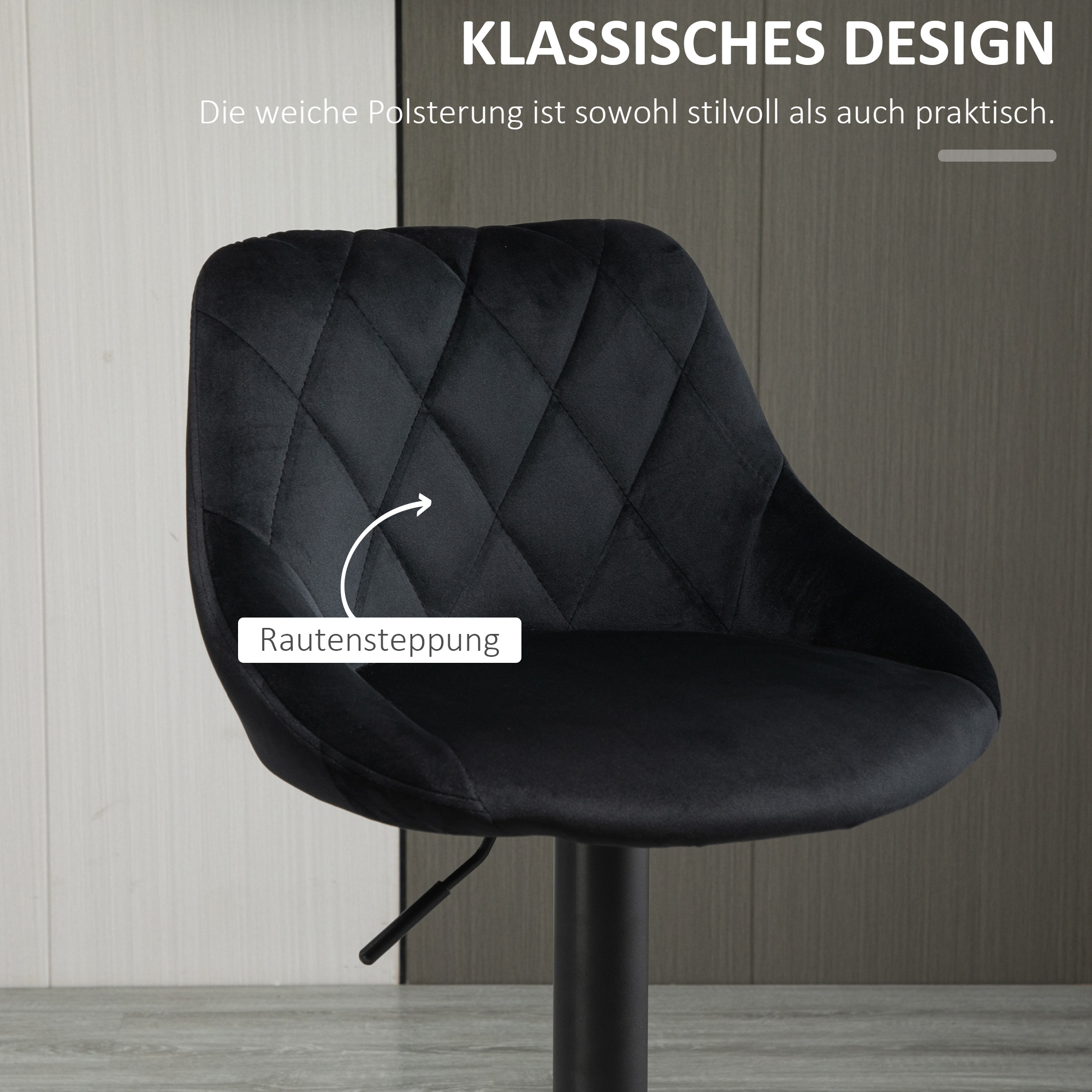 Barhocker 2er Set Höhenverstellbar Drehbar Barstühle mit Samtoptik Tresenhocker mit Rückenlehne mit Diamant-Tufting und Fußstütze für Bar, Theke, Esszimmer, Stahl Schwarz