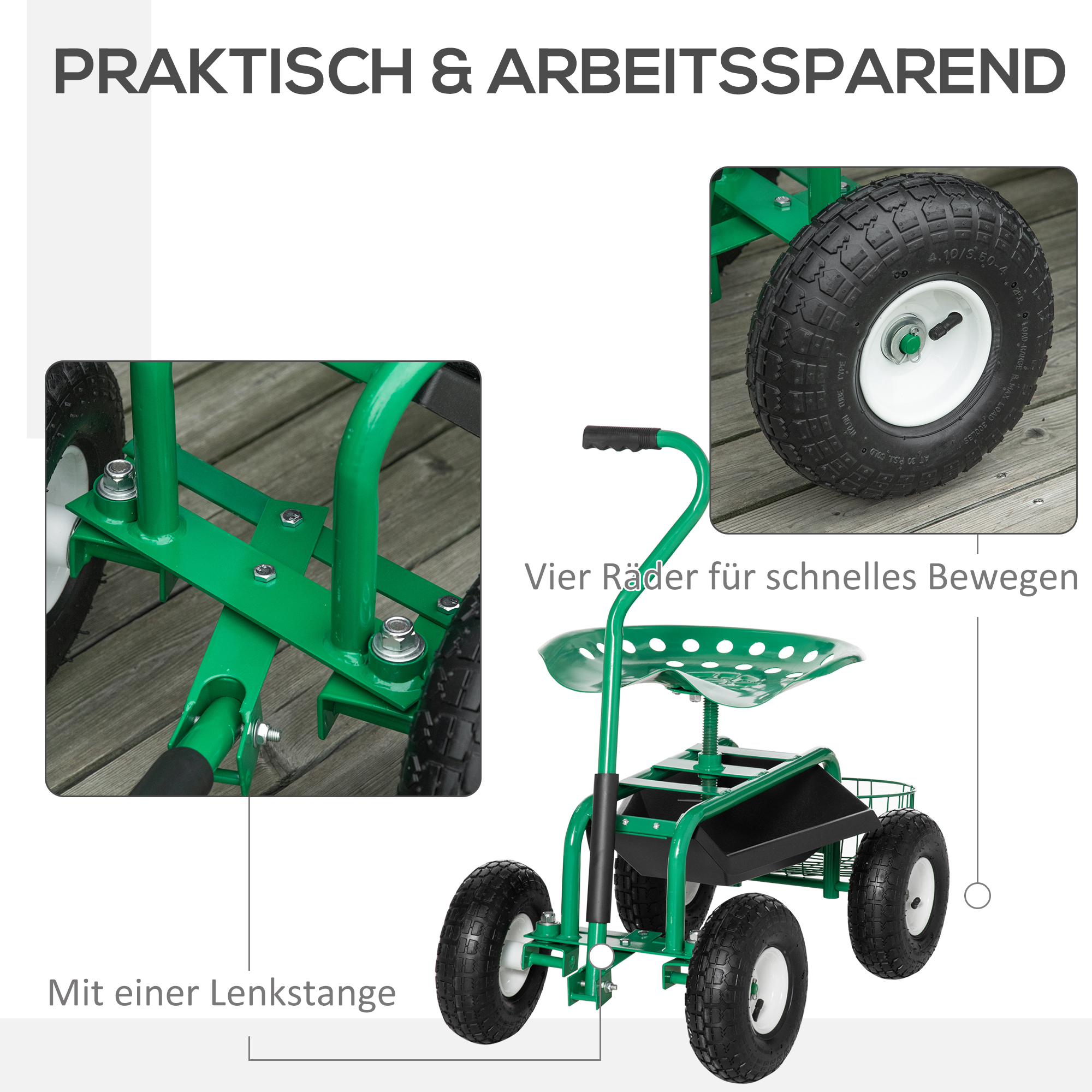 Gartenwagen mit Rollsitz bis 150 kg mit Ablage Korb für kleine Gartengeräte Werkstattwagen fahrbar Gartensitz Richtung steuerbar Sitzhöhe 46-59 cm höhenverstellbar Metall Gummi Grün