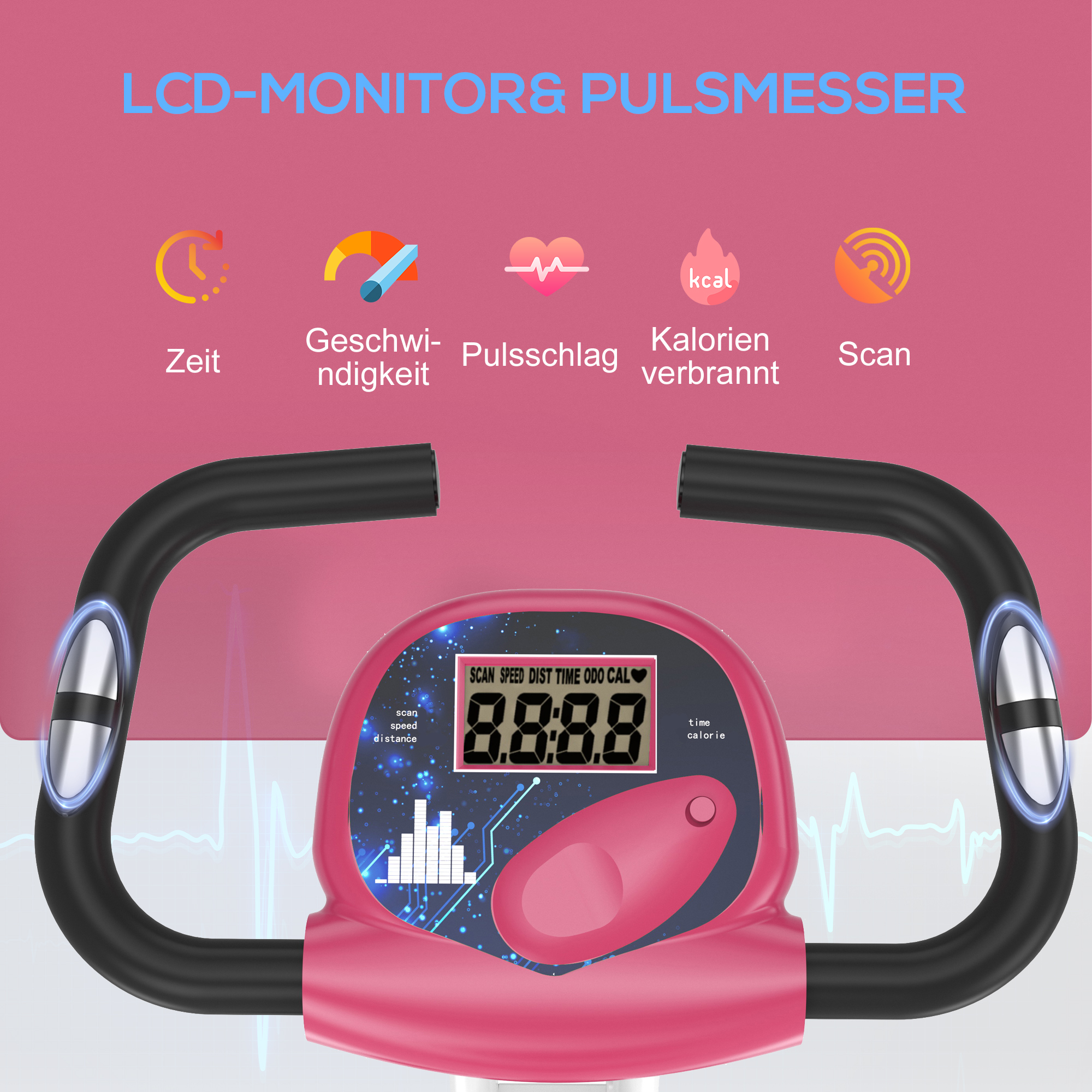 Heimtrainer Fahrradtrainer klappbar Magnetisch Hometrainer Fahrrad mit LCD Monitor, 8 stufig einstellbarem Magnetwiderstand, Platzsparend Fitnessbikes für Zuhause Rosa+Weiß