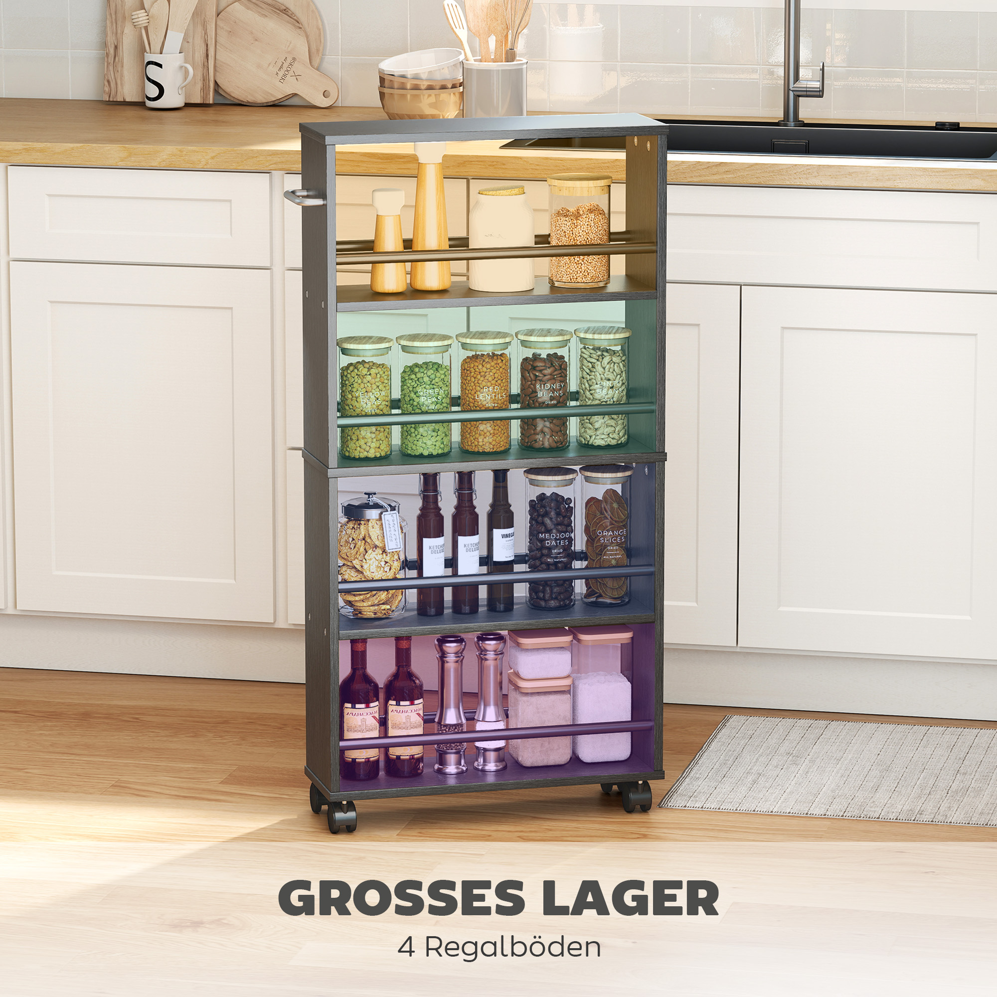 Multifunktionsregal mit Rollen, schmale Bauweise, 4 Fächer, 45x15x91 cm, Schwarz