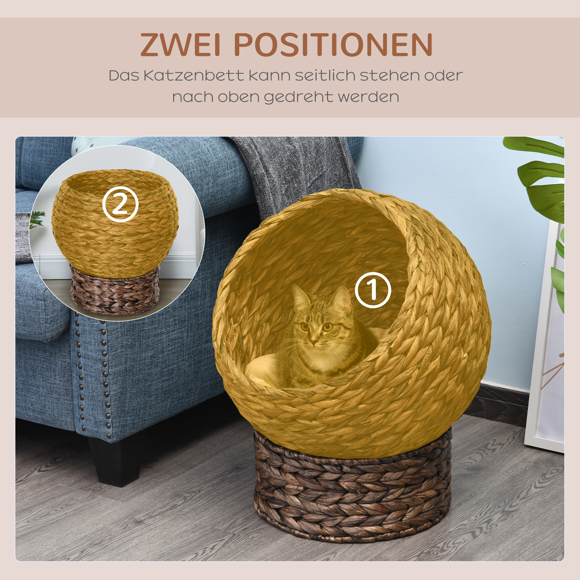 Katzenkorb aus Wasserhyazinthe inkl. Kissen, Katzenbett, Haustierbett,50 cm x 42 cm x 60 cm, Braun + Beige