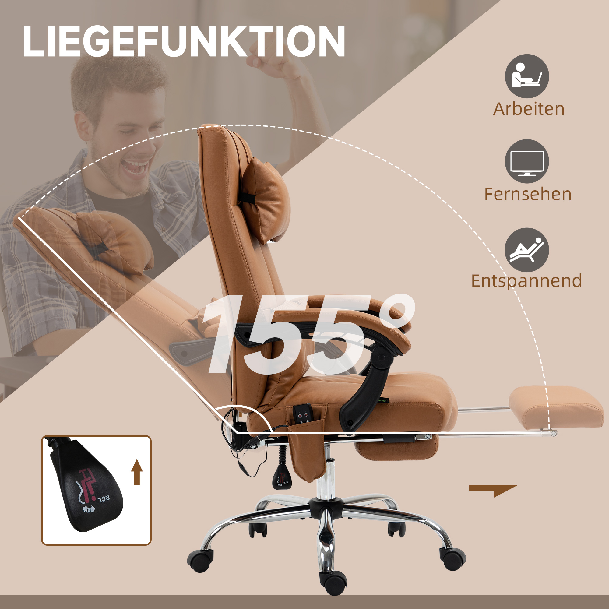 Bürostuhl mit Massagefunktion, ergonomisch, 66x67x115-123cm, Hellbraun