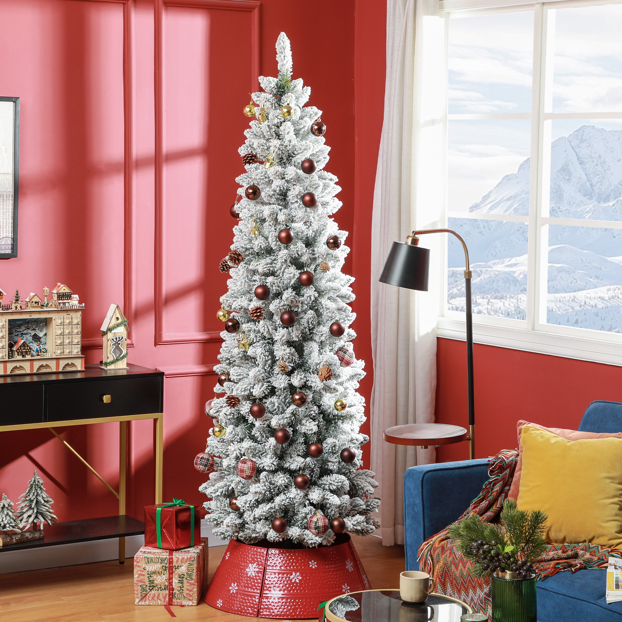 Künstlicher Weihnachtsbaum, flammenhemmend, mit Kunstschnee, schlank, Stahlfuß, 75 x 210 cm, Grün
