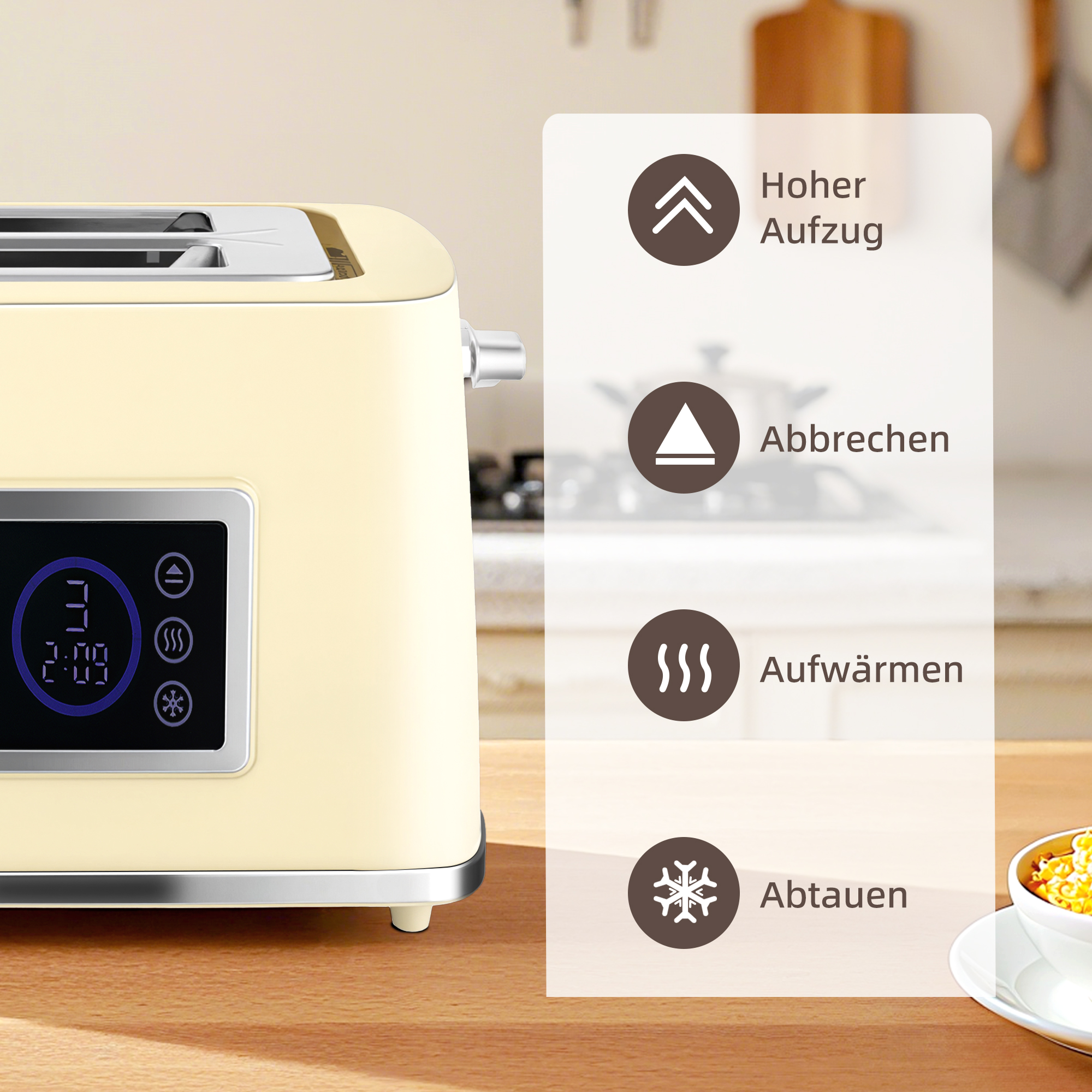 Wasserkocher und Toaster-Set mit LED-Touchscreen, 1,7 L, 2 Toasterschlitze, verschiedene Modi und Funktionen, Cremeweiß
