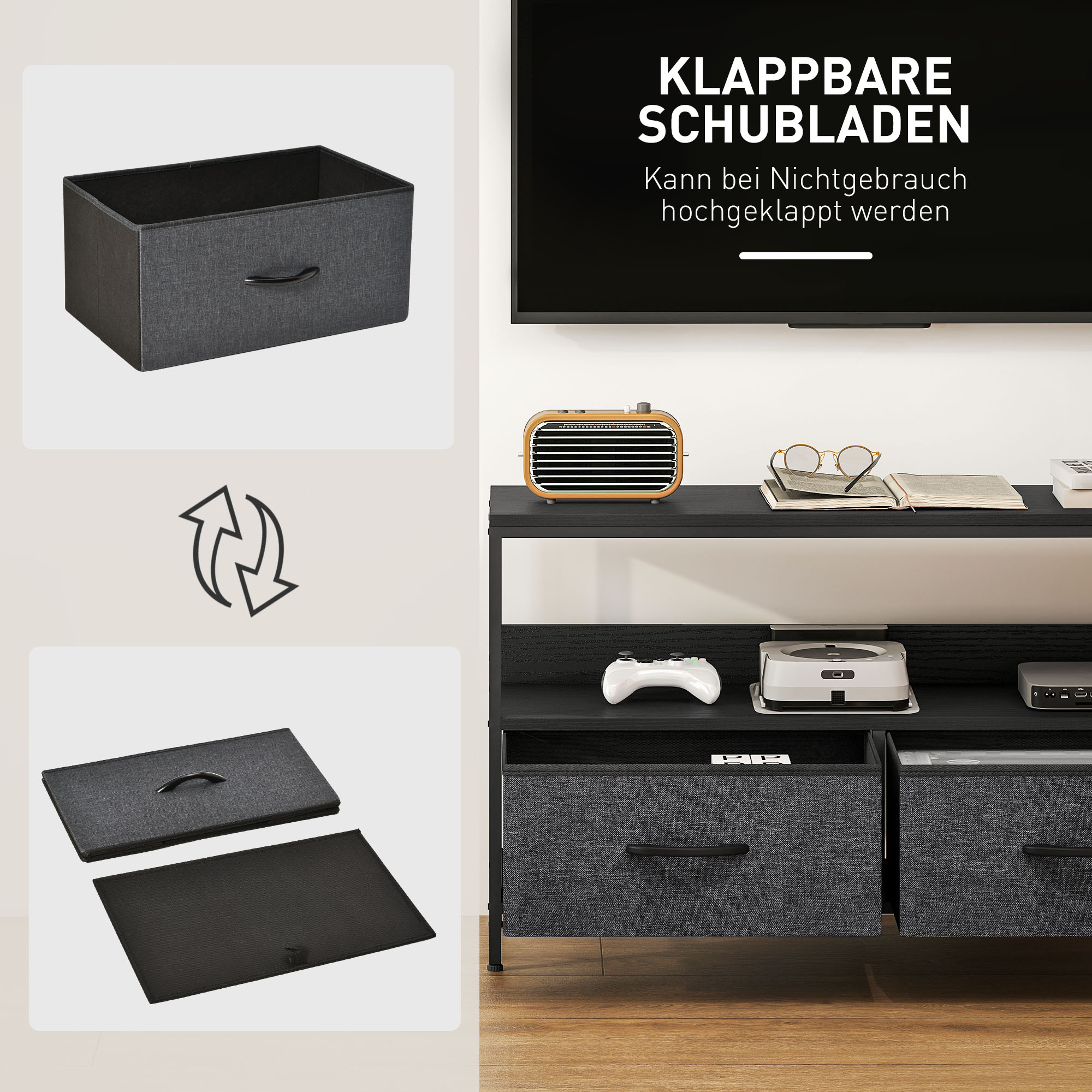 TV Schrank Lowboard mit 2 Schubladen, offenem Fach, für Fernseher bis 47 Zoll, 98 x 29 x 56 cm, Schwarz+Dunkelgrau