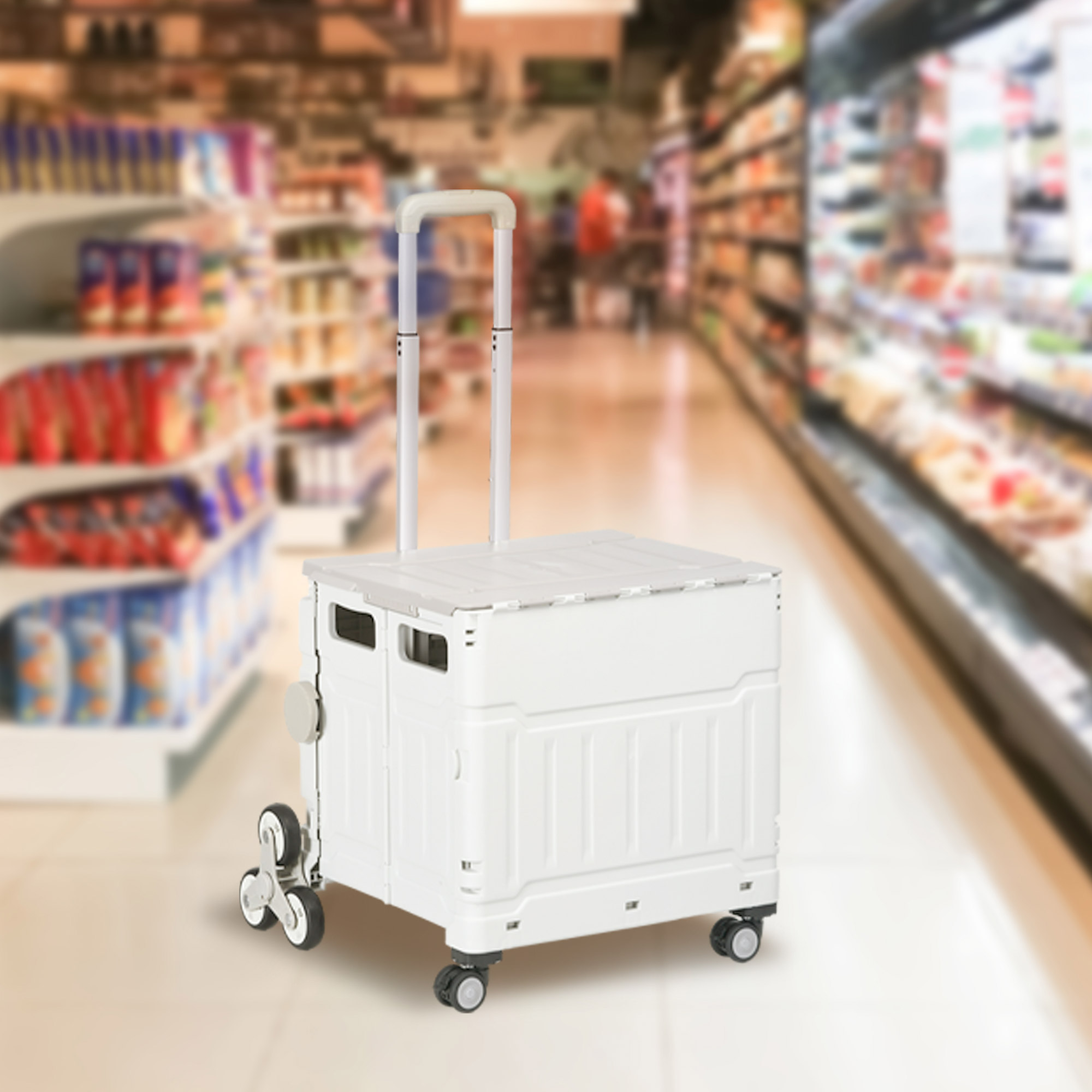 Einkaufstrolley Treppensteiger Mobile Transportbox,  klappbar, Teleskopgriff, bis max, 65 Kilo belastbar, Weiß