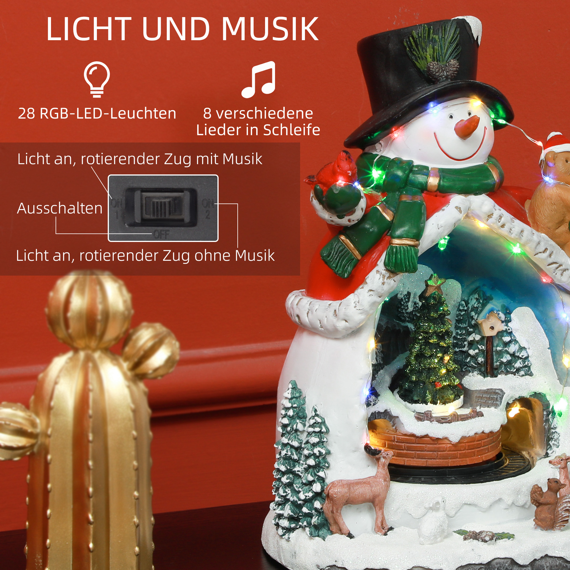 Weihnachtsdorf in Schneemann-Form mit fahrendem Zug, LED-Lichtern und Musik, festliche Tischdekoration, Mehrfarbig