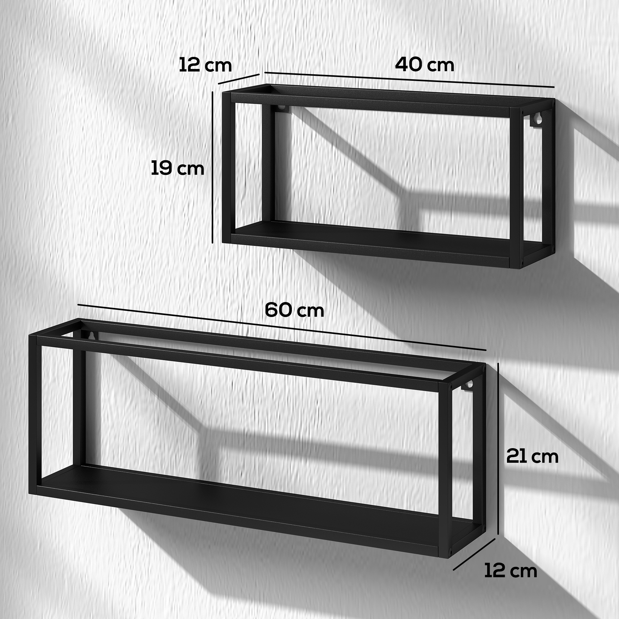 2er-Set Wandregale, 15 kg Tragkraft, für Wandmontage, Stahl, Schwarz
