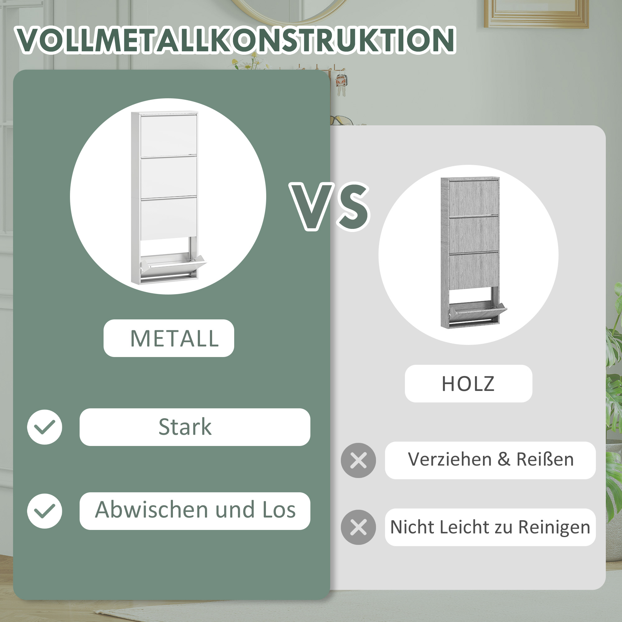 Schmaler Schuhschrank aus Metall für bis zu 8 Paar Schuhe, 4 Kippschubladen, für Flur, Eingangsbereich, Weiß