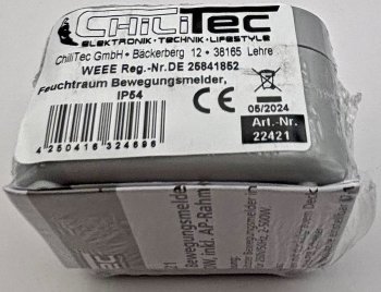 Feuchtraum PIR Bewegungsmelder, IP54 - 250V~, 2-500W, inkl. AP-Rahmen, grau