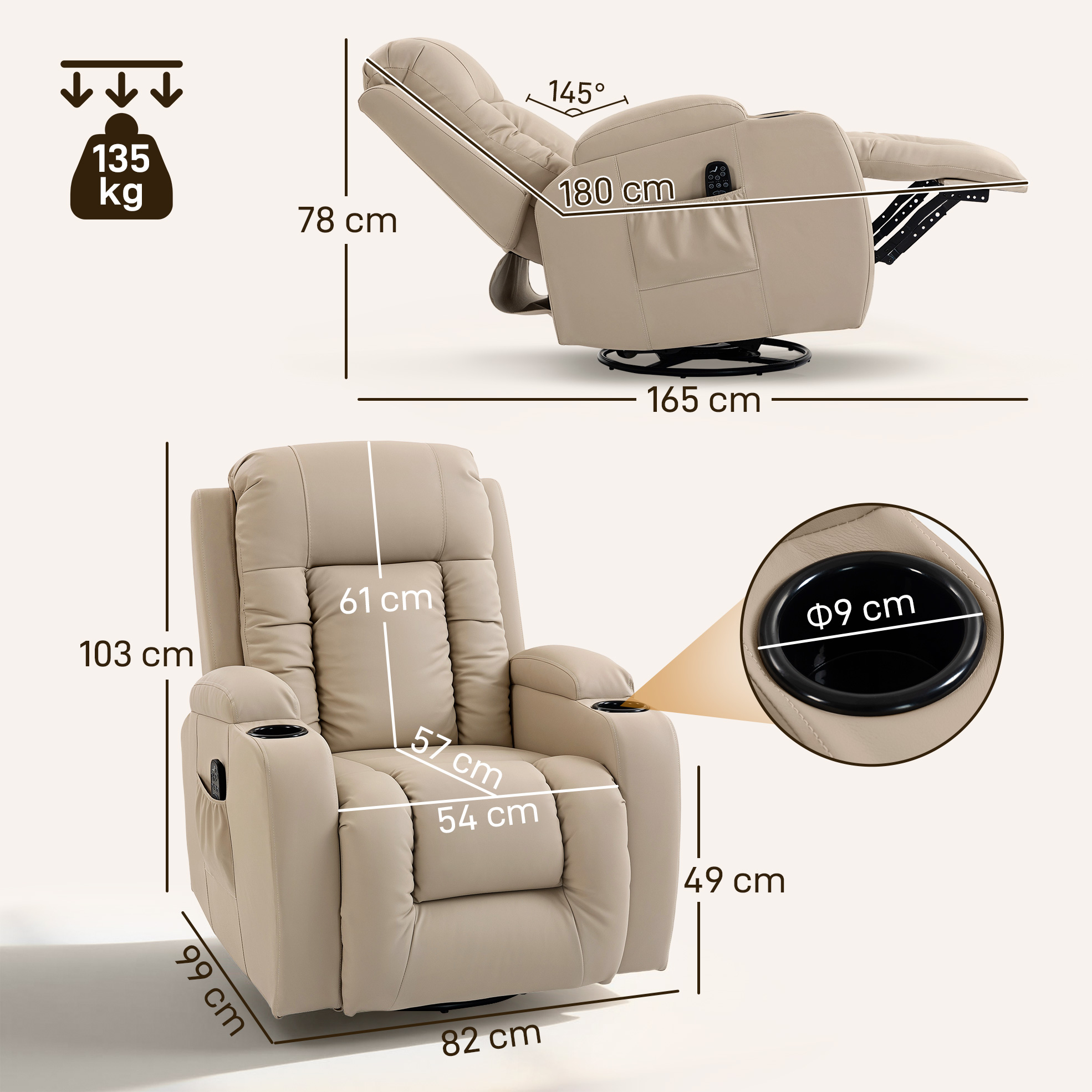 Massagesessel mit Wipp-, Liege- & Wärmefunktion, 3 Modi, drehbar, Cremeweiß