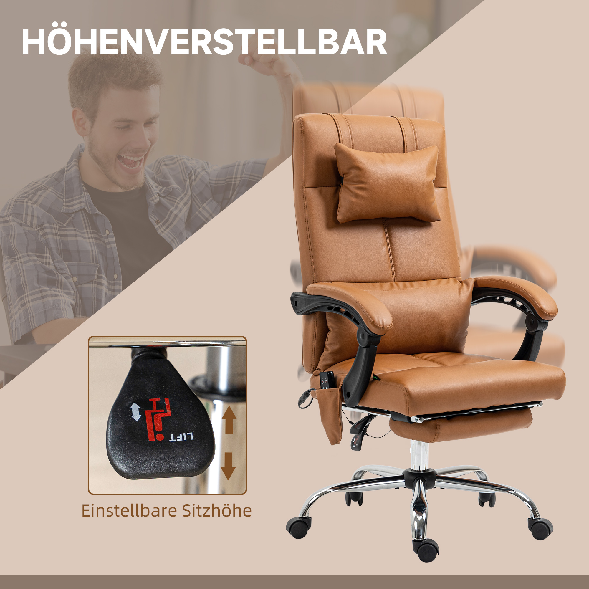Bürostuhl mit Massagefunktion, ergonomisch, 66x67x115-123cm, Hellbraun