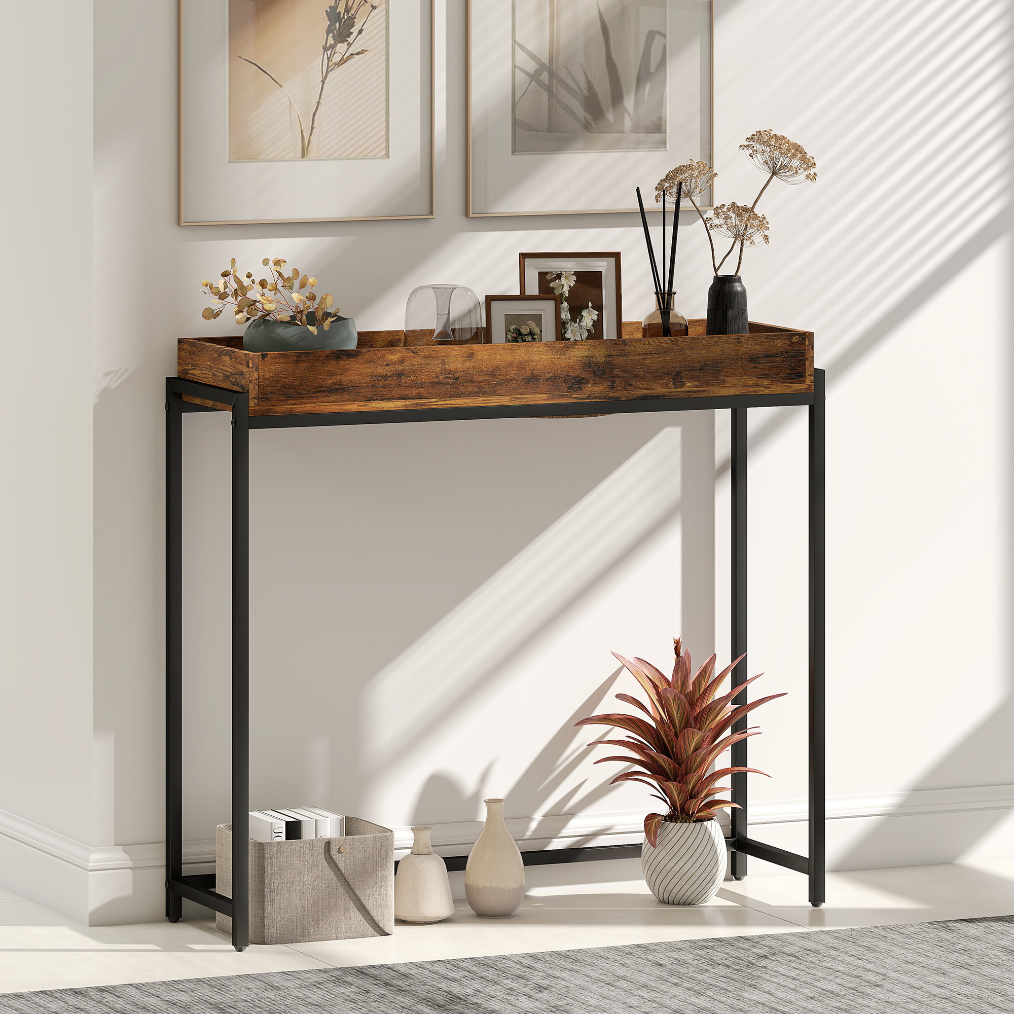 Flurtisch, schmaler Konsolentisch, Metall, Spanplatte, Rustikal-Braun