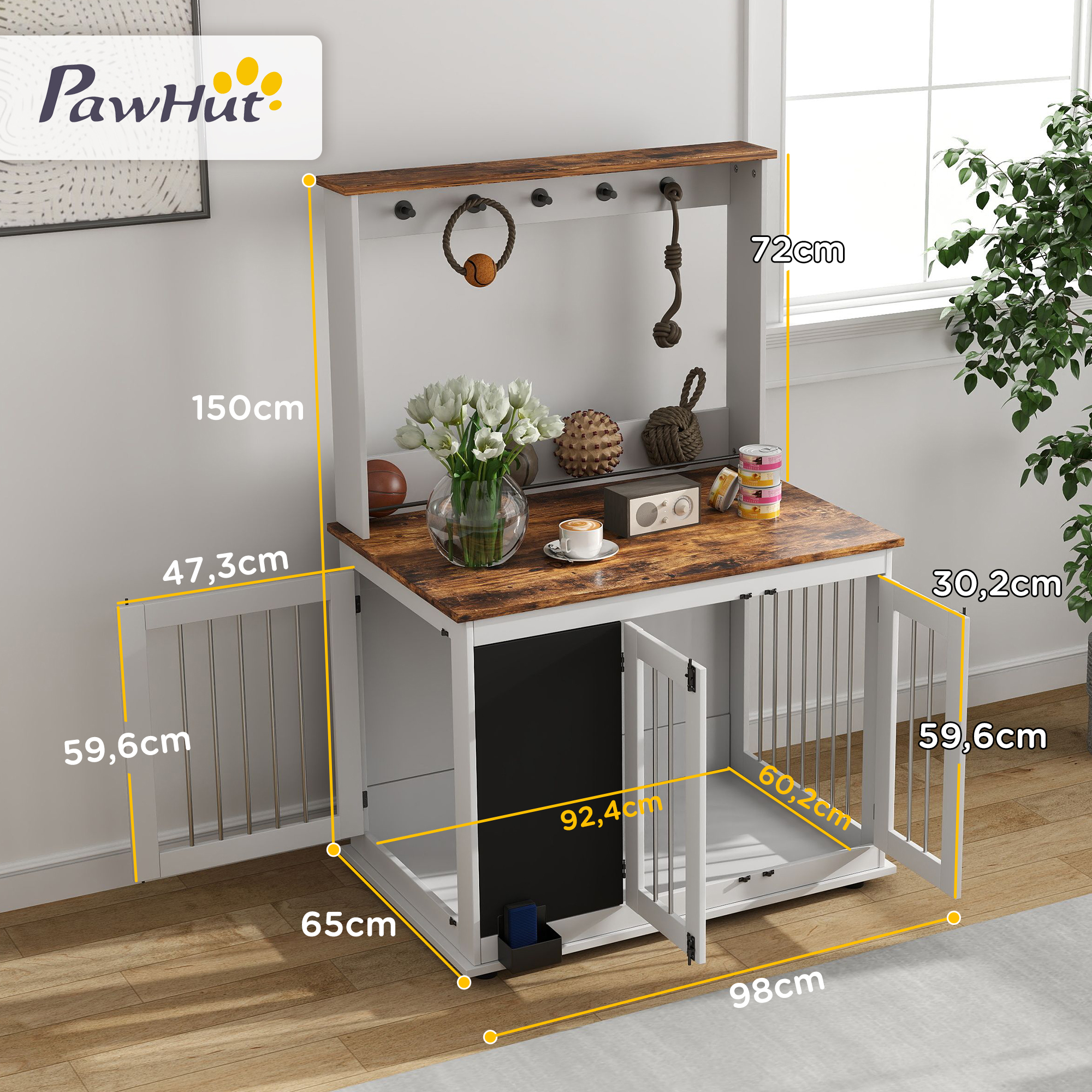 Hundebox mit Aufbewahrungsregal für Spielzeug, Haken für Leinen, Schreibtafel, Radiergummi, für große Hunde, Weiß
