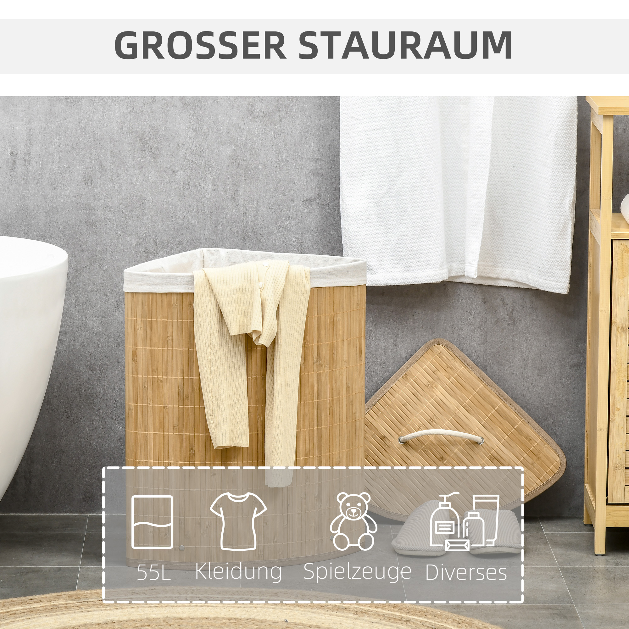 55 L Wäschekorb mit Deckel, Griff, Wäschesortierer mit herausnehmbarem Wäschesack für Badezimmer, Bambus, Natur