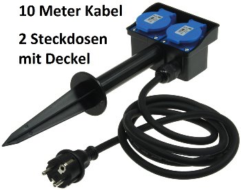 Gartensteckdose mit Erdspieß, 2-fach - IP44, 10m Kabel
