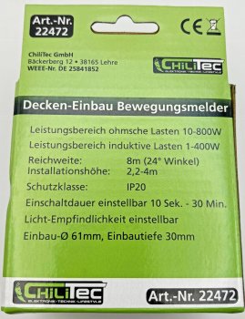 Decken-Einbau-Bewegungsmelder 360° FLAT - PIR, LED geeignet, 8m Detektion, 80x30mm