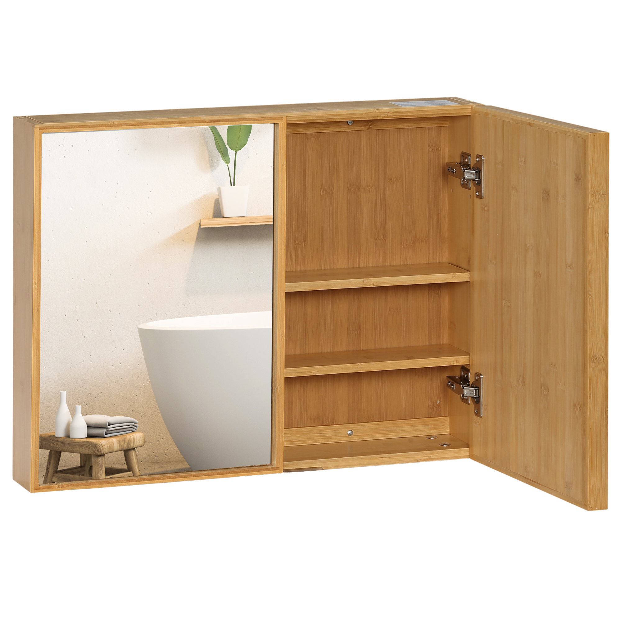 Badschrank mit Spiegeltüren, mehrere Innenfächer, robustes Gehäuse aus Bambusholz, 65,2 x 14 x 50 cm