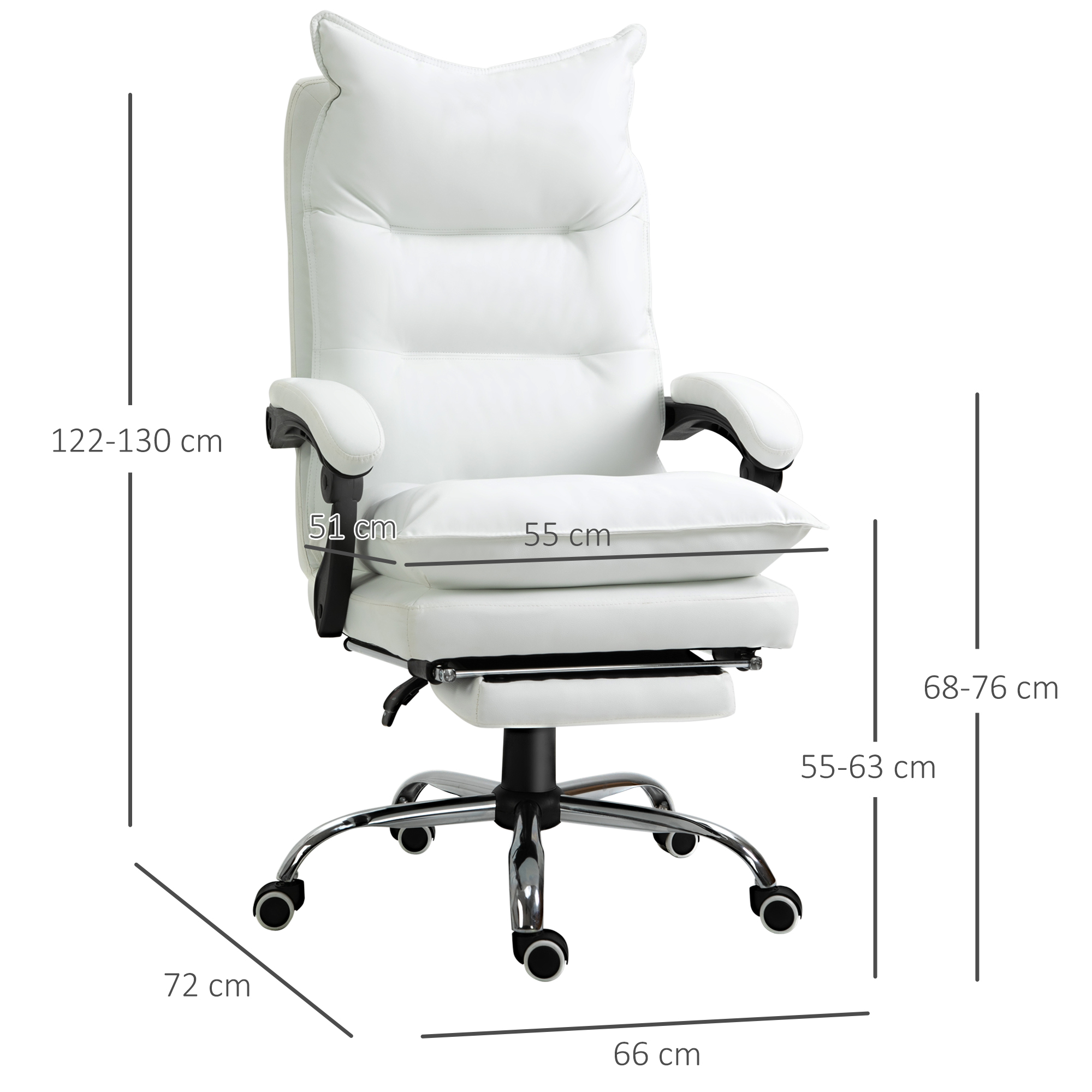 Bürostuhl mit Liegefunktion, ergonomisch höhenverstellbar  mit Fußstütze, gepolstert, bis 135 kg belastbar, 66 x 72 x 122-130 cm, Weiß