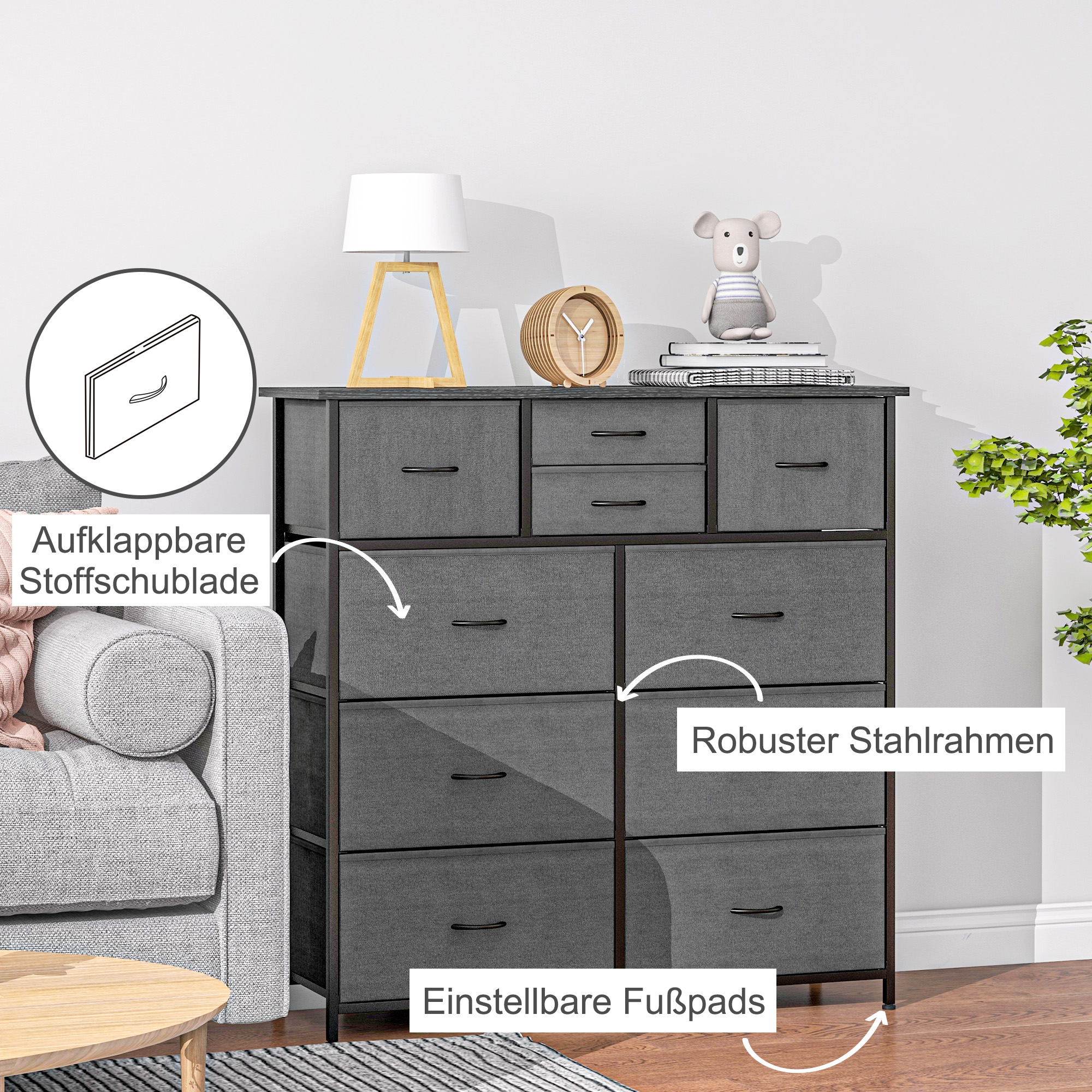 Kommode, Sideboard mit Stoffschubladen, 10 Fächer, Metallrahmen, 100x30x100cm, Schwarz