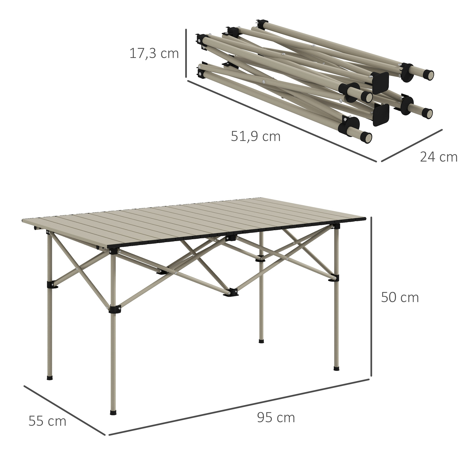 Campingtisch Klapptisch mit Aufrollbare Tischplatte Gartentisch aus Aluminium 2 Personen 95 x 55cm Khaki