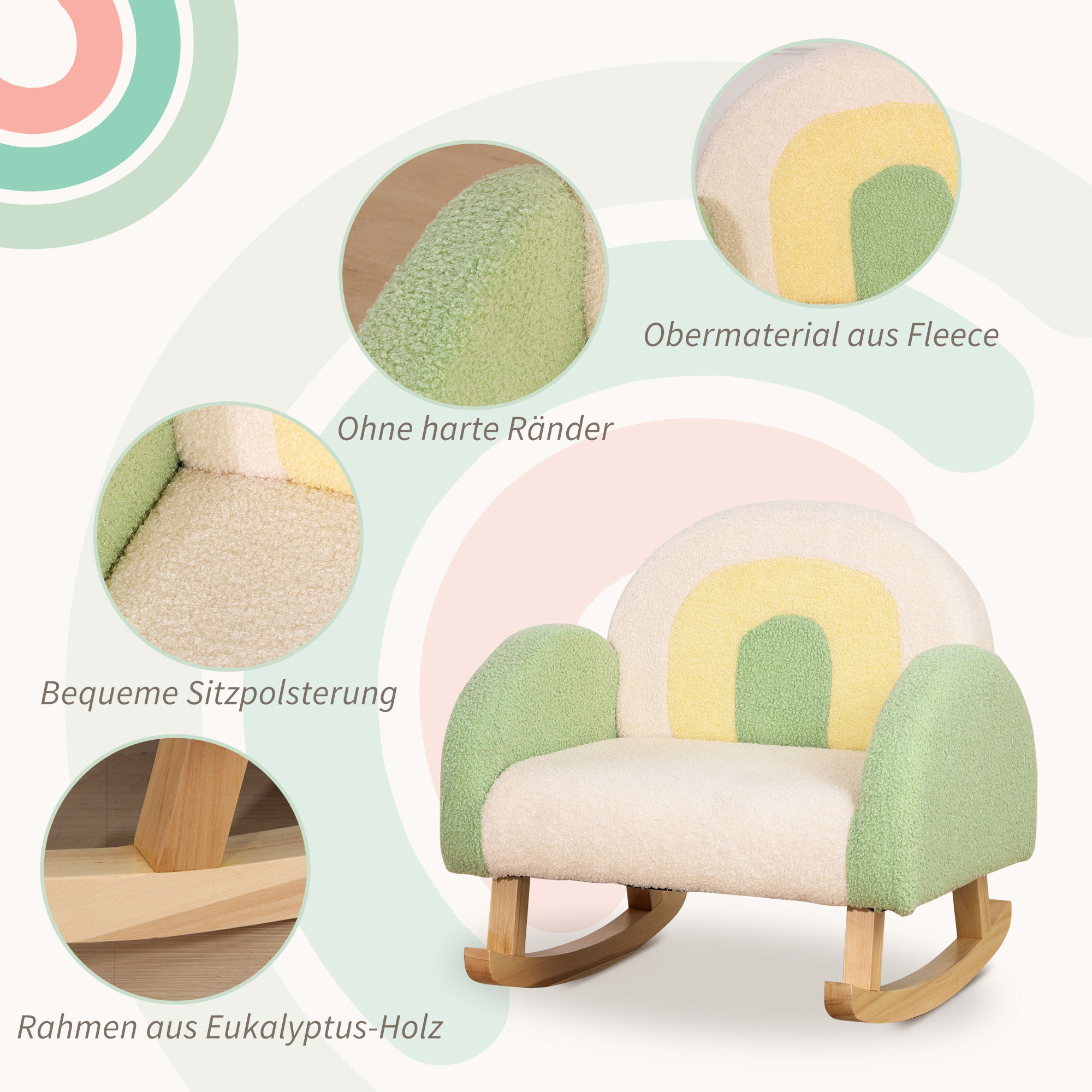 Schaukelstuhl für Kleinkinder Niedliches Design, Schaffell-Imitat, Eukalyptusholz Grün + Gelb Beige