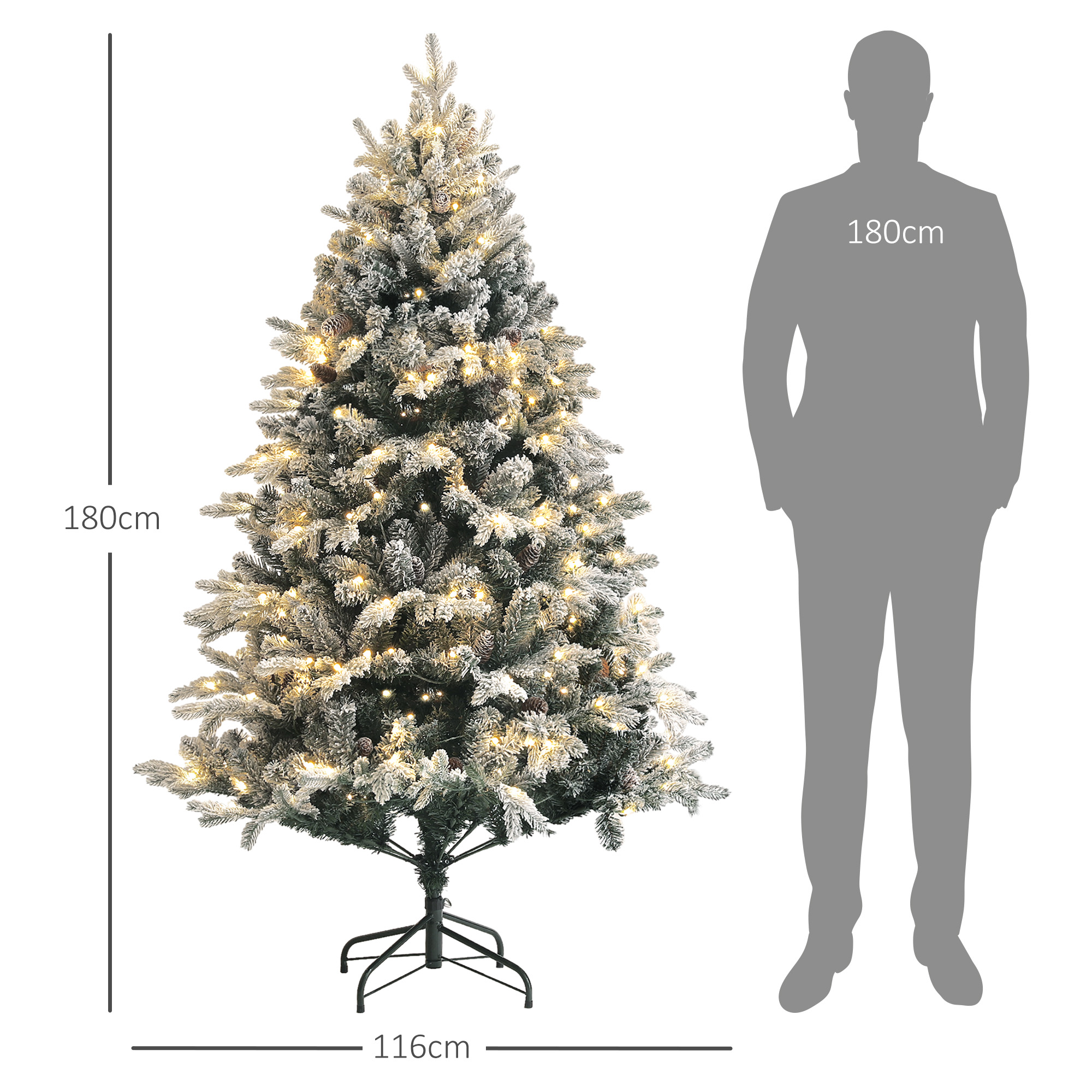 Künstlicher Weihnachtsbaum, 180 cm, LED-Lichter, schneebedeckt, flammenhemmend, Metall