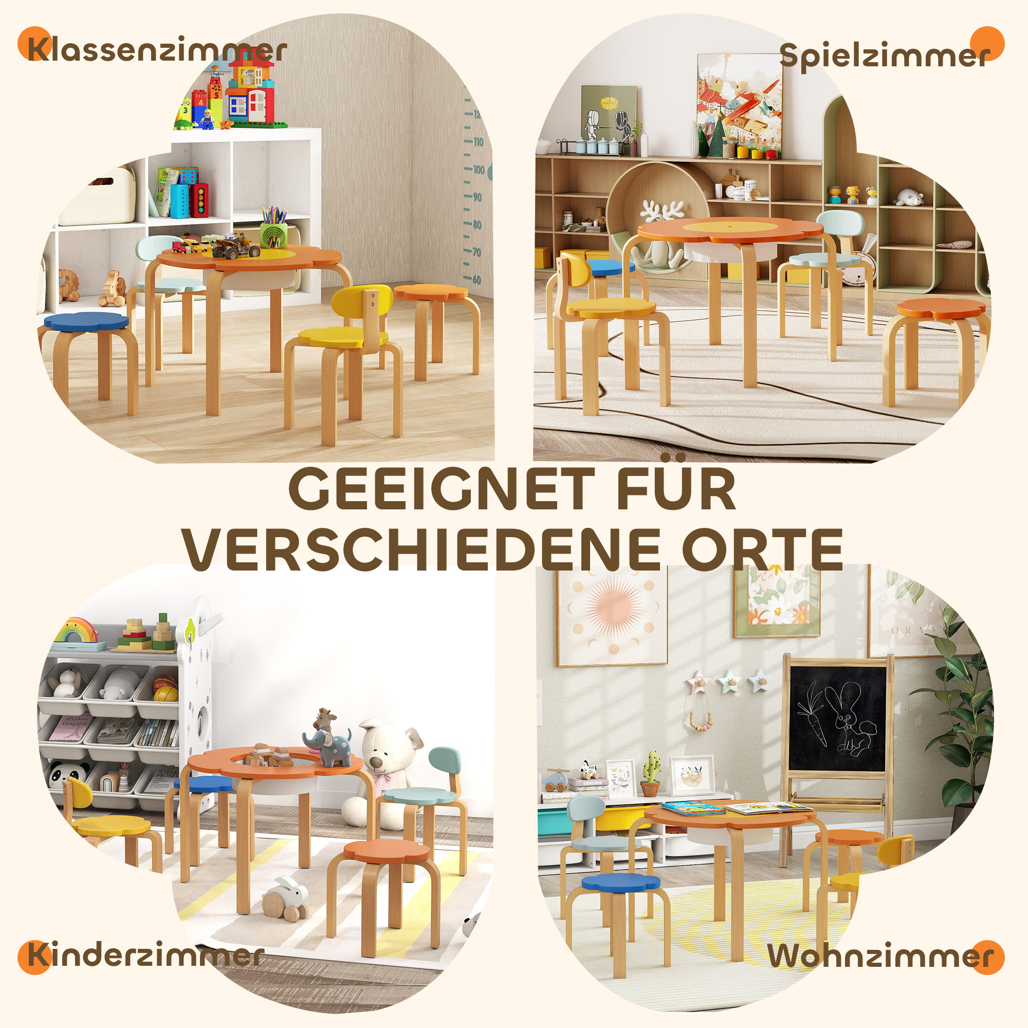 5-teiliges Kindertisch- und Stuhl-Set, mit Aufbewahrungstasche, Blumenform, für Spielzimmer, Kinderzimmer, Holz, Bunt