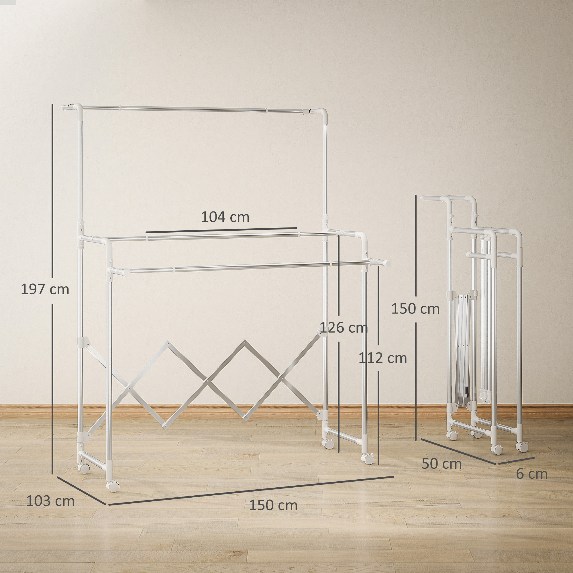 Wäscheständer, Faltbarer Standtrockner mit 3 verstellbaren Stangen, Edelstahl Turmwäscheständer auf Rollen, Wäscheturm Wäschetrockner für Innen und Außen