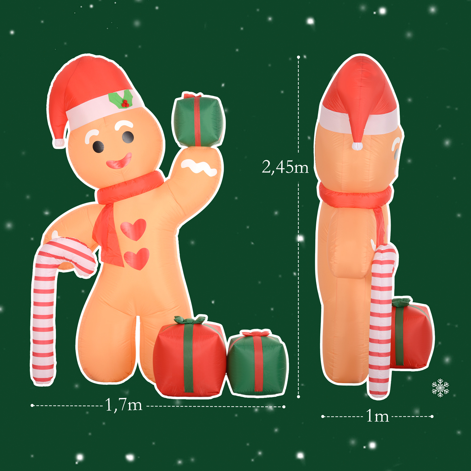 Lebkuchenmann mit Zuckerstange, 2,45 m groß, aufblasbar, weiße LED-Beleuchtung, 170 x 100 x 245 cm