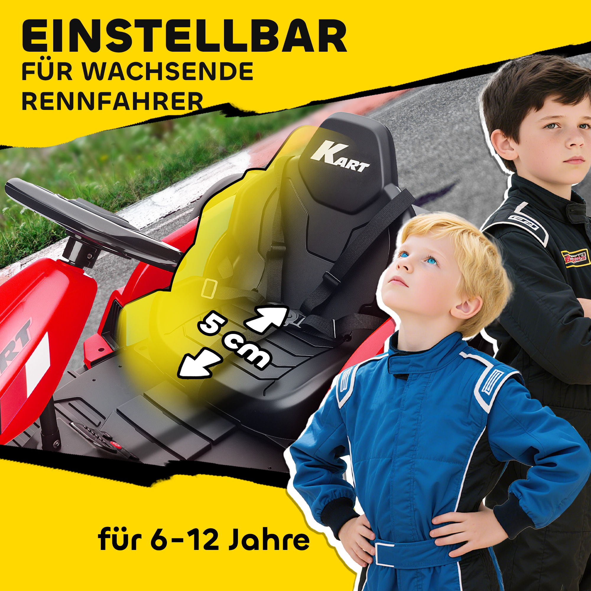 24V elektrisches Go-Kart, Drift-Modus, verstellbarer Sitz, 5-Punkt-Sicherheitsgurt, Musikfunktion, Hupe, 6-12 Jahre Rot