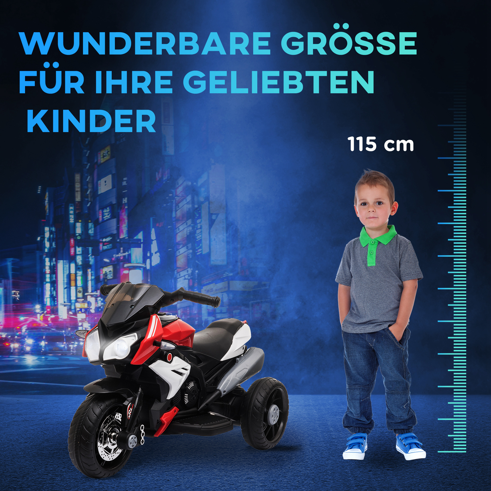 Elektro-Kindermotorrad, Lichter & Geräusche, 3 km/h, wiederaufladbar, Kunststoff & Metall, Schwarz/Rot