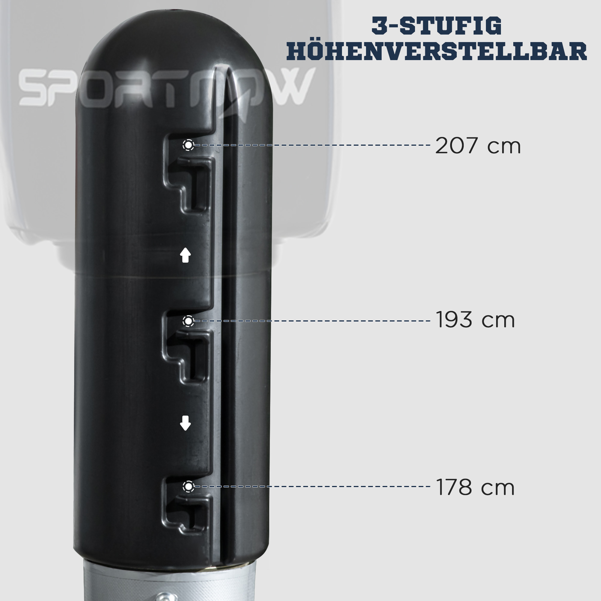 Boxdummy, freistehend, höhenverstellbar, schwerer Standfuß, Kunstleder, schwarz+grau+blau, 55 x 55 x 178-207 cm