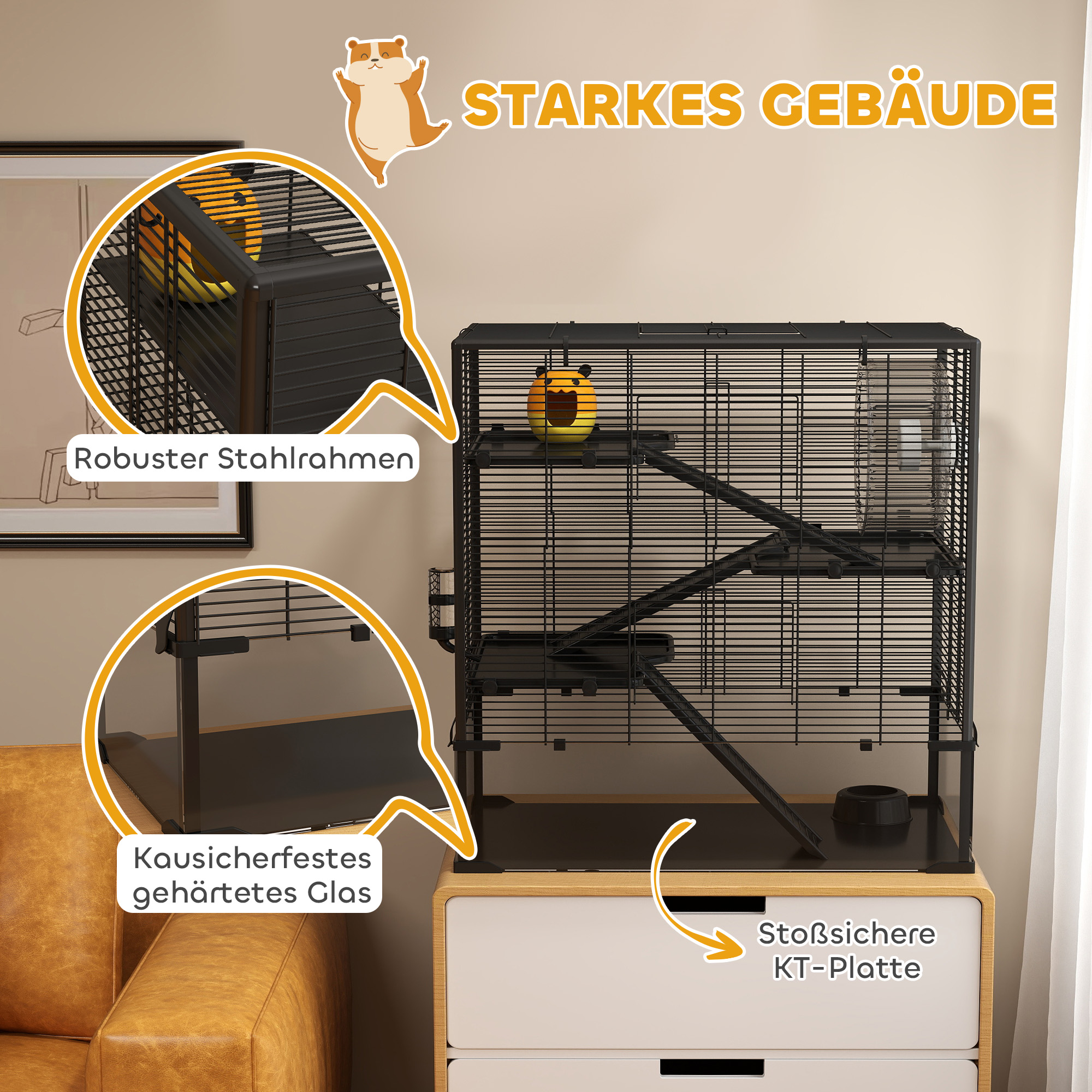 Hamsterkäfig mit Glasboden, 4-stufiges Hamstergehege mit Hütte und Zubehör, 78,5L x 48,5B x 80H cm, Schwarz