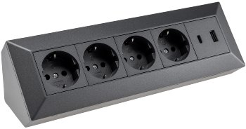 4-fach Steckdosenblock, USB-A+C, anthraz - 250V~/ 16A, Aufbaumontage, USB 3,1A, PD