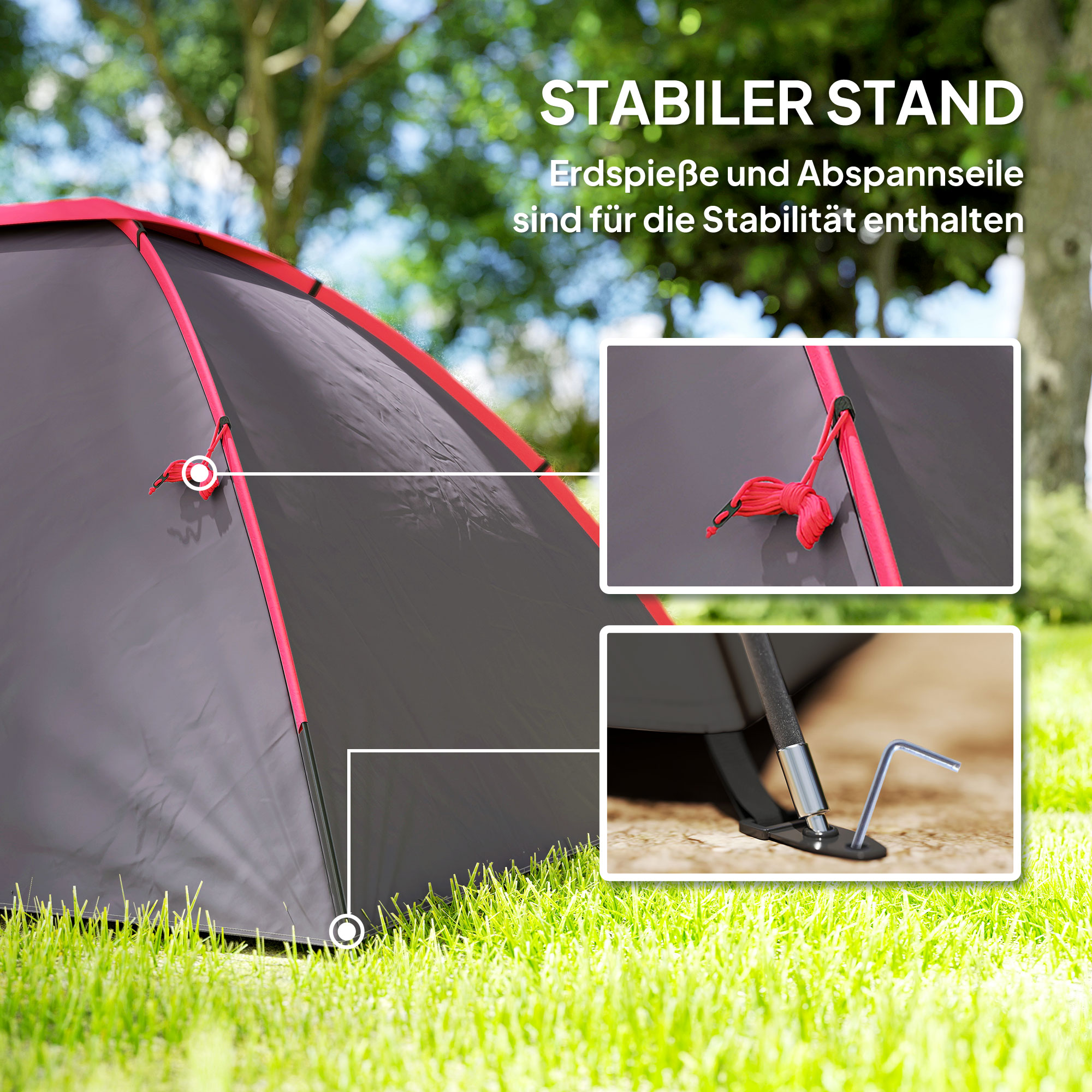 Campingzelt für 3 Personen leicht, stabil wasserdicht UV 50+ mit Vordach Tür Fenster, Bodenplane Grau