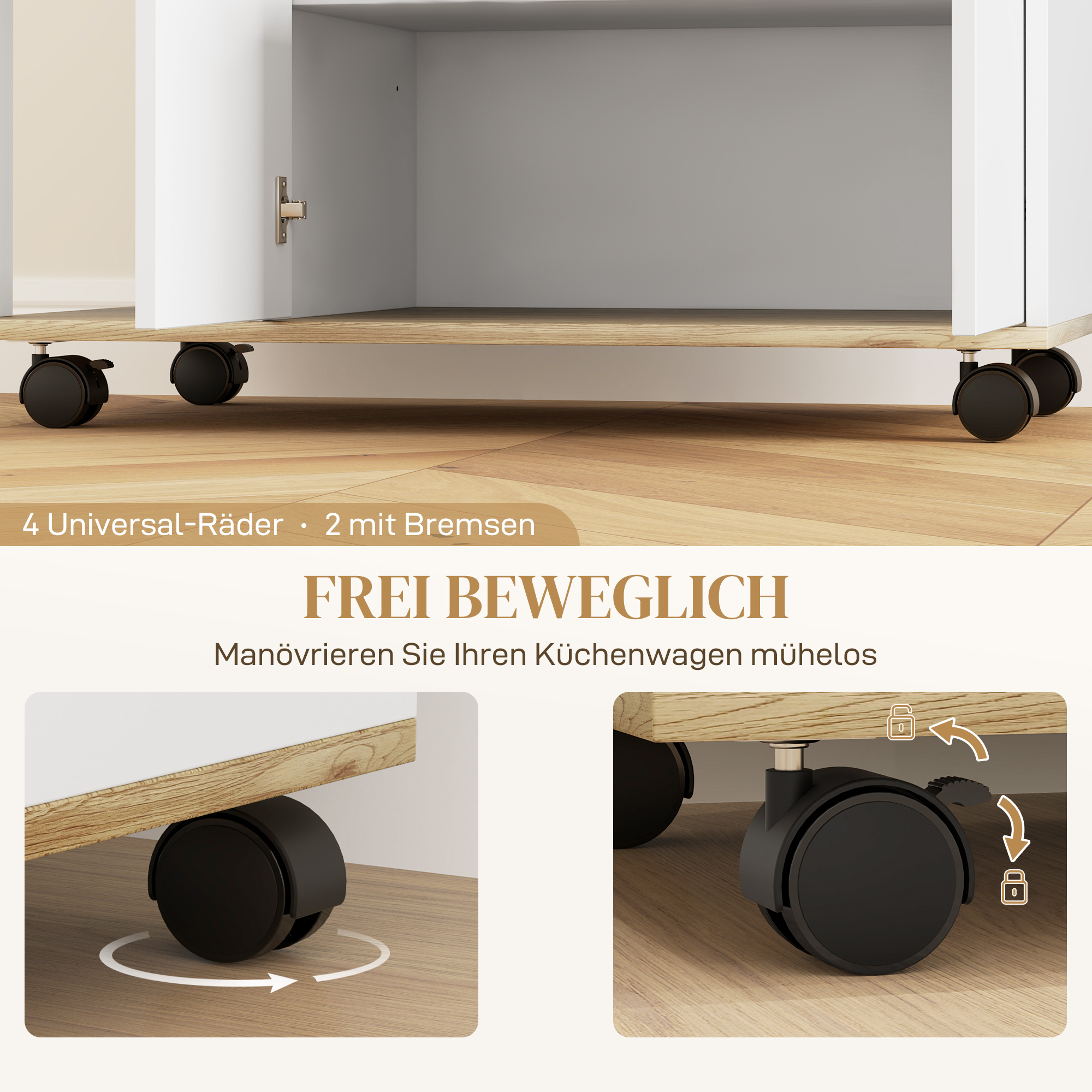 Rollender Küchenwagen mit Stauraum, Schrank, verstellbare Regale, für Küche, Wohnzimmer, Esszimmer, Weiß