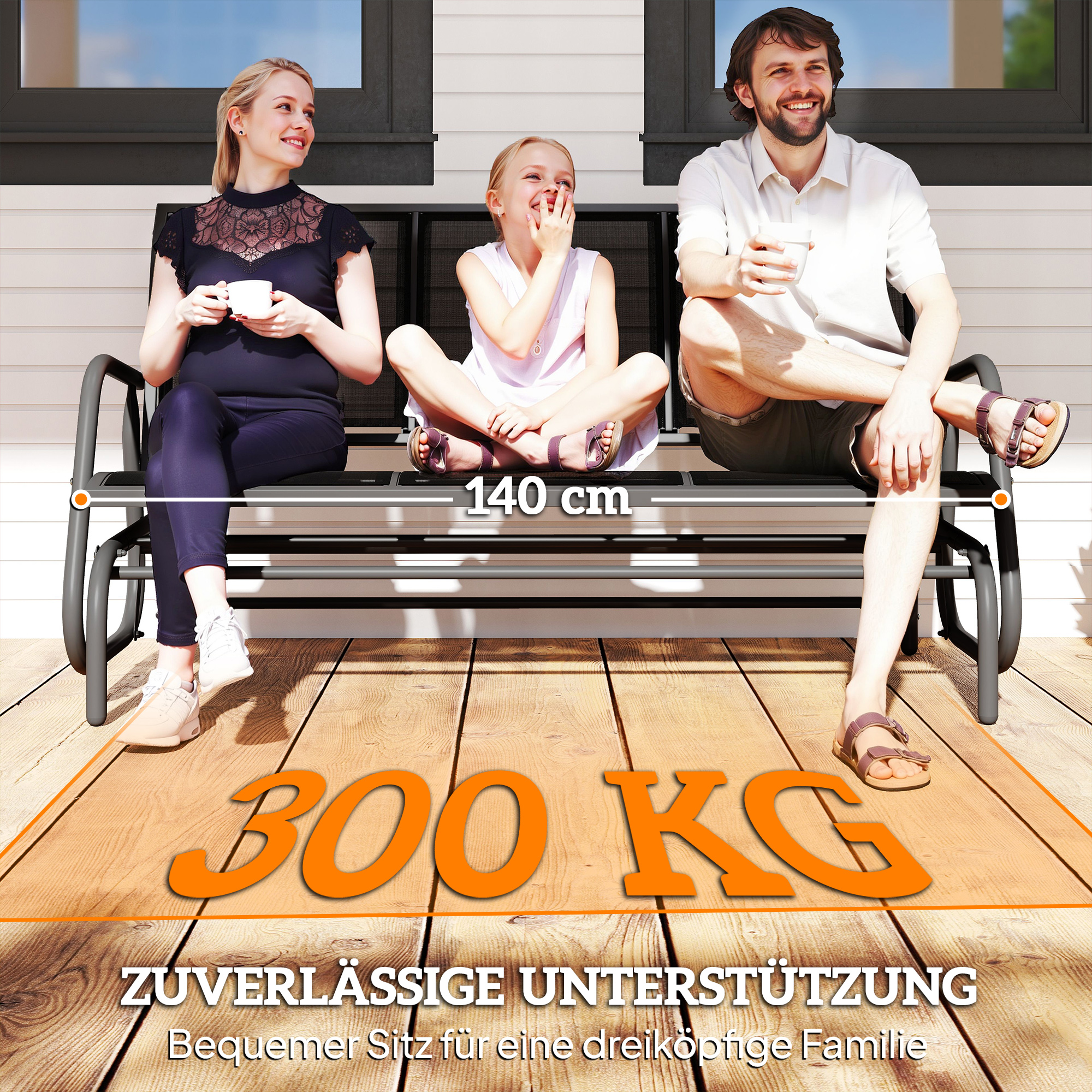 3-Sitzer Schaukelstuhl Gartenbank mit Schaukelmechanismus Gartenschaukel Sitzbank aus Metall Parkbank bis 300 kg belastbar Gartenmöbel für Garten, Terrasse, 147 x 70 x 85 cm Dunkelgrau