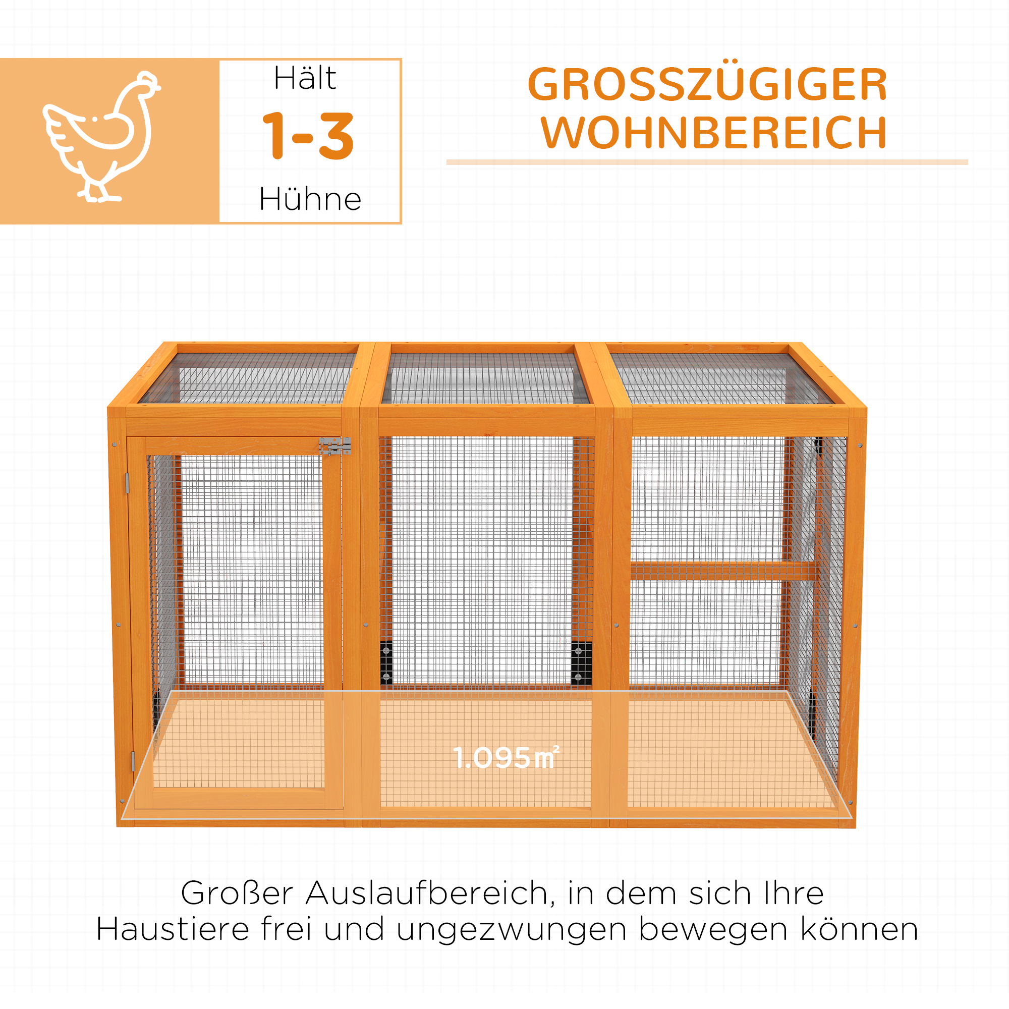 Hühnerstall für 1-3 Hühner, Holzrahmen, Stahldraht, erweiterbares Design, Holzsitzstangen, Orange