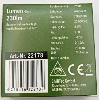 LED-Einbauleuchte "EBL-HV65w", weiß - 230V, 2W, 2900K, 230lm, warmweiß