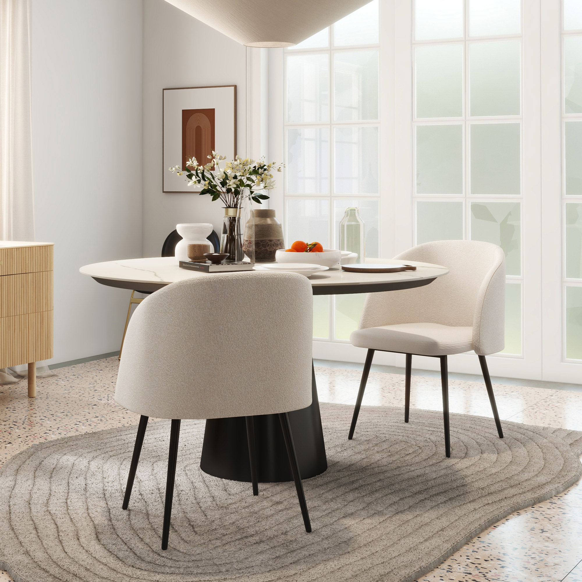 2er-Set Esszimmerstühle, Polsterstühle mit Stoffbezug, Küchenstühle mit Stahlbeinen, gewölbte Rückenlehne, Cremeweiß