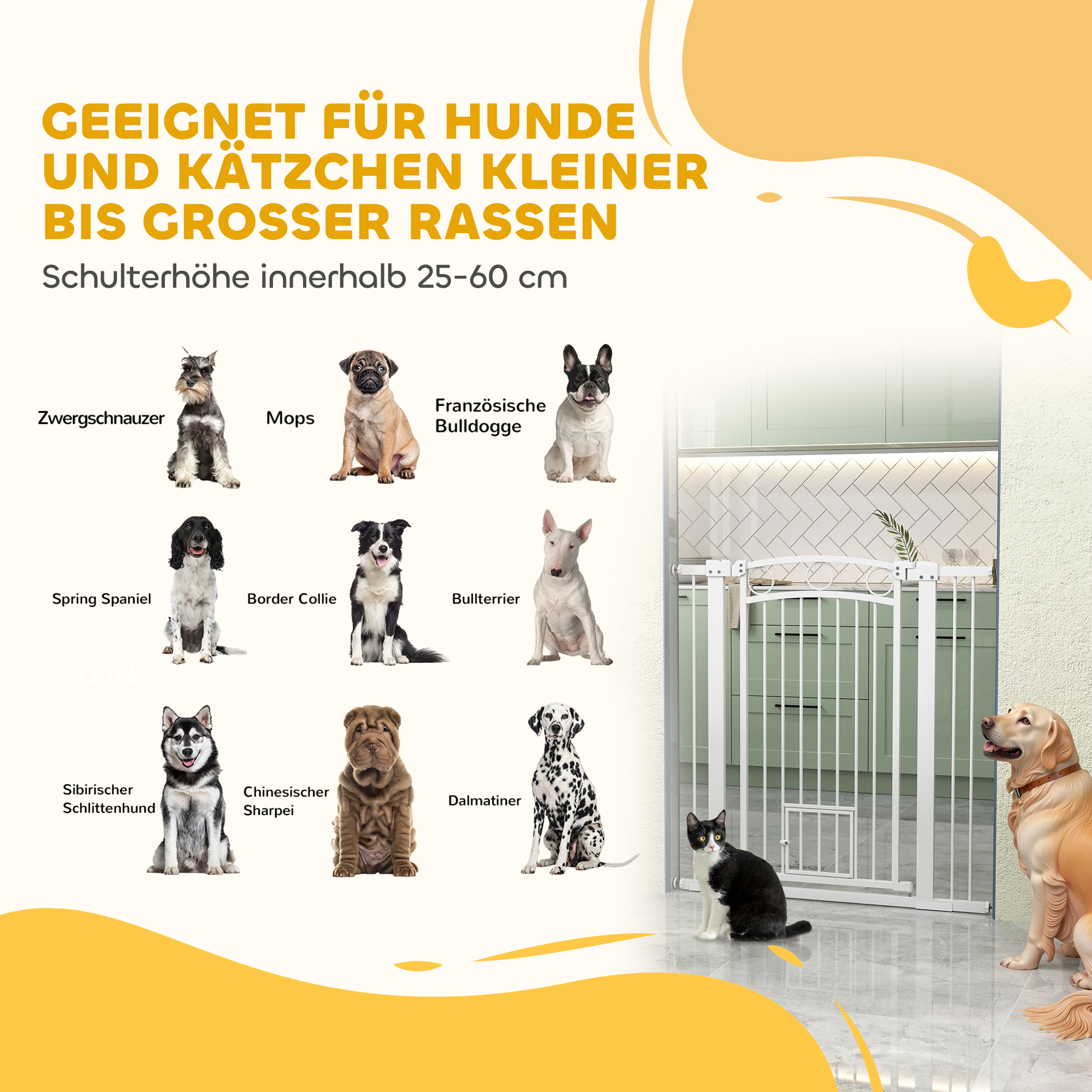 106 cm hohes Haustiergitter mit anpassbarer Breite, integrierte Katzentür, für Treppen und Türrahmen, Weiß